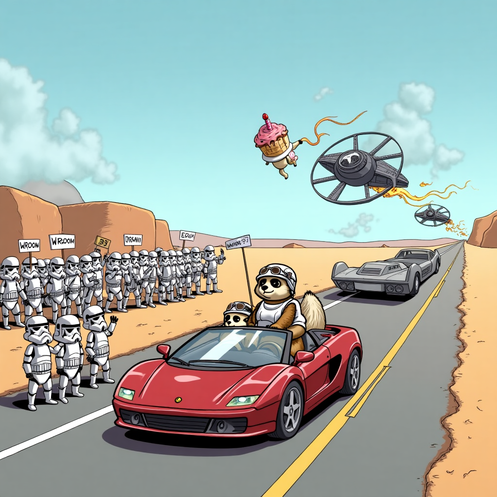 **Prompt:**

At the top of the cartoon image: *"Happy 53rd, Rich – May the Meerkats Be With You!"*

Cartoon image idea: A humorous, action-packed desert highway scene. In the center, a shiny sports car is being driven at full speed by a confident, helmet-wearing meerkat with aviator sunglasses. Hanging out of the sunroof is another meerkat in full Stormtrooper armor, blasting a birthday cake out of a frosting cannon at cheering bystanders.

On the roadside, a crowd of meerkats in mini Stormtrooper uniforms are waving flags with “53!” on them, some holding up “Birthday or Bust” signs. In the distance, a couple of classic Stormtroopers stand confused next to a broken-down Landspeeder with the hood up and smoke billowing out.

In the sky, TIE Fighters made out of cupcakes zoom past with candles for blasters, trailing streamers that spell out "WROOM into 53, Rich!" in the clouds.  

A hilariously chaotic birthday road trip through the galaxy, starring Stormtrooper-meerkats and cake-powered speed.
Generated with these themes: Cars, Stormtroopers, Meerkats, and 53.
Made with ❤️ by AI.