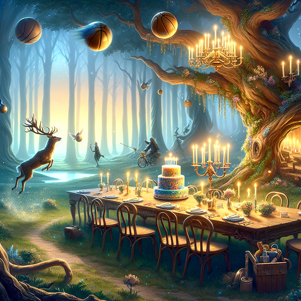 A whimsical birthday illustration captures a mystical forest glade bathed in gentle, twilight colors. In the center of this scene, a large, ornate wooden table floats just above the ground, evoking the ambiance of magical fantasy novels. The table is impeccably set for a festive feast, with hovering candles and animated images of spectacular basketball moments that decorate each place setting. An ethereal stag, an icon often associated with spirit guides, prances around the table's perimeter, while a small, golden, spherical object darts around the clear sky. The piece de resistance, a cake positioned at the table's epicenter, defies gravity as it spins, boastfully displaying layers that mirror the hues of a diverse set of academic houses. Propped against a nearby tree, a classic broomstick adds a nostalgic touch. In the backdrop, a giant whimsical tree appears to be engaged in a solitary basketball game, crafting an odd yet enchanting tribute to the birthday person's hobbies.
Generated with these themes: Harry Potter , Outdoors, and Basketball .
Made with ❤️ by AI.