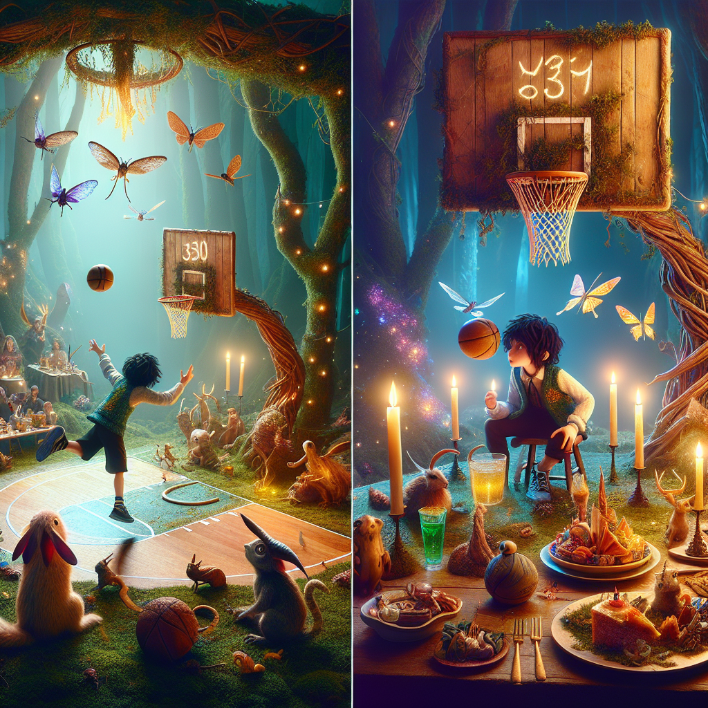 Imagine a scene from a dreamy birthday celebration taking place in an enchanted woodland. There's a basketball court created from organic elements - rustic branches and twisted vines forming the hoops that emit a soft, magical glow. A young wizard with jet black hair is executing a successful play as magical beings of diverse species watch the action, their eyes reflecting delight. Bioluminescent insects provide the necessary illumination, while the scoreboard displays points through arcane symbols. Off-court, a feast is laid on a seemingly levitating table over a mossy surface, with self-refilling goblets and dishes offering whimsical delicacies. The centrepiece is an intricately designed birthday cake, mirroring a fantasy sports pitch, complete with miniature figures mid-play. The birthday individual's age is cleverly indicated by a fluttering assembly of spellbound butterflies.
Generated with these themes: Harry Potter , Outdoors, and Basketball .
Made with ❤️ by AI.