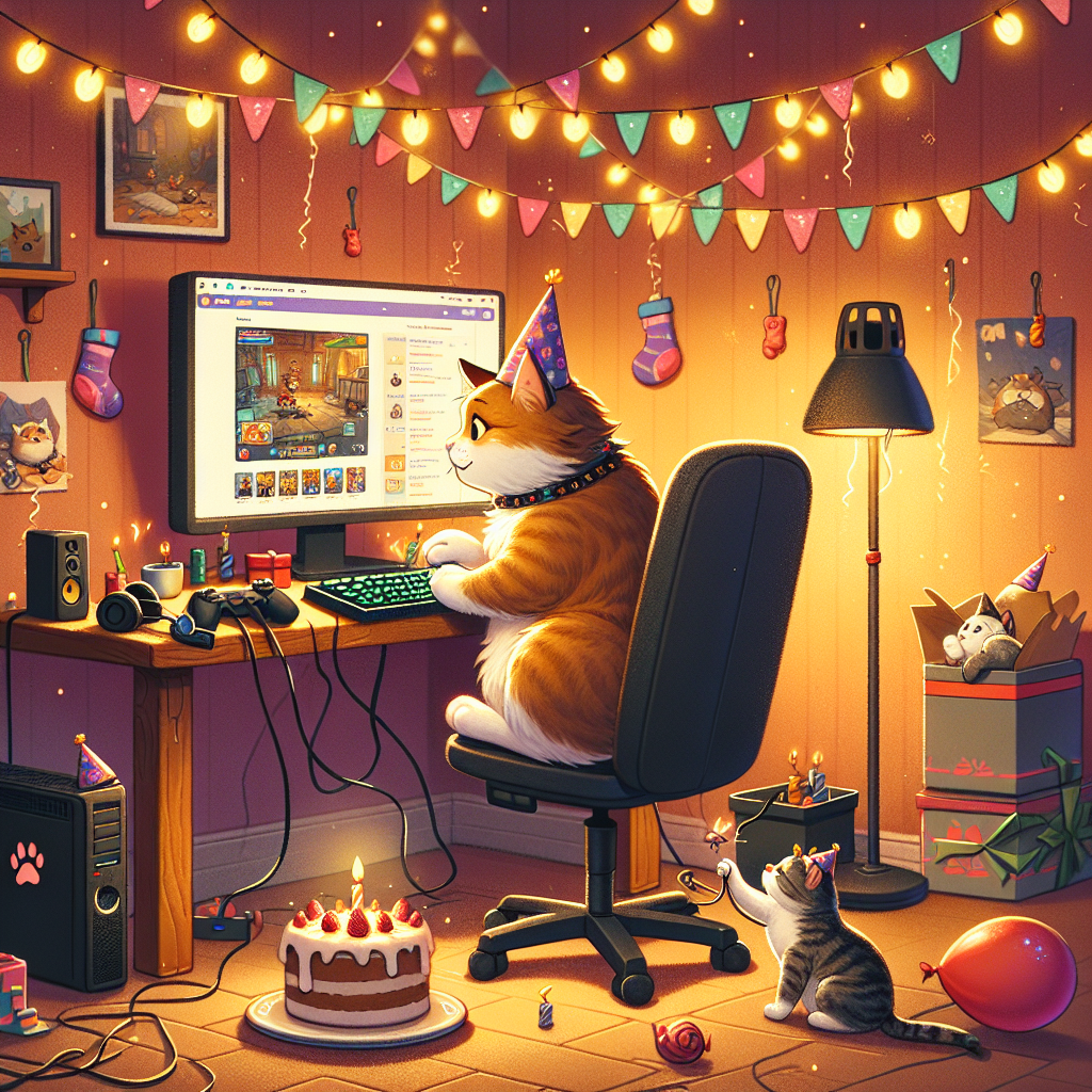 Illustrate a warm, festive room setting, themed around a birthday. A cat is engrossed in playing on a computer, the desk scattered with gaming gear and feline playthings. Party hats are placed on the cat's head and on the computer screen. The backdrop features a wall adorned with birthday streamers and festoons of lights shaped like paw prints. Another feline is engaged in fun, nudging at a balloon. A piece of cake with one lit candle is set on a tiny dish, conveying a lovely ambiance of festivity intermingled with a passion for gaming and cat camaraderie.
Generated with these themes: Gaming on pc and cats.
Made with ❤️ by AI.