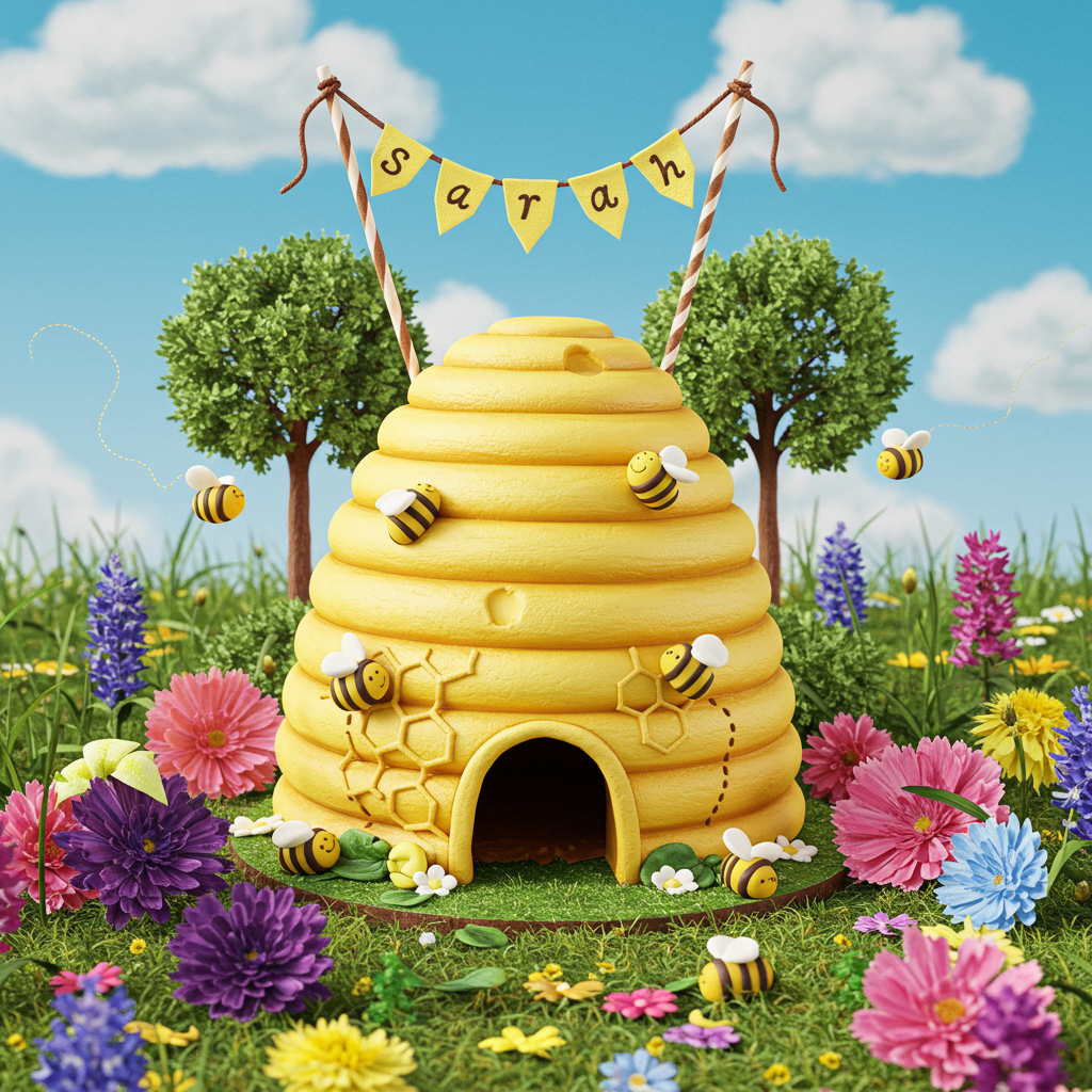 Front Cover Description:

The scene unfolds in a lush, sunlit meadow brimming with vibrant wildflowers. At the center, a larger-than-life birthday cake stands proudly, intricately designed to resemble a whimsical beehive. The cake is covered in golden-yellow icing, with realistic honeycomb patterns, and delicate sugar-crafted bees dotting its surface. The bees are lifelike, with translucent wings and tiny, detailed bodies, adding a touch of whimsy and realism to the scene.

Perched atop the cake is a tiny banner made of fondant, draped between two miniature fondant trees. The banner reads "Sarah" in elegant, curly script. Each letter appears as if it's been lovingly piped on with chocolate icing.

In the background, the sky is a serene azure, dotted with fluffy white clouds, each painstakingly crafted with subtle shading to give them dimension. A warm golden light casts gentle shadows across the scene, highlighting the intricate details of the cake and the surrounding flora.

Scattered around the base of the cake are realistic, 3D edible sugar flowers in various colors: deep purples, bright pinks, and soft blues, adding a pop of color and texture to the scene. Small fondant bees buzz around, some mid-flight with their tiny wings suspended in the air, others resting on the petals.

Overall, the combination of the beehive cake, the lush floral meadow, and the vibrant colors create a rich tapestry of birthday celebration and nature's splendor, designed to capture the eye and imagination of the card's recipient.
Generated with these themes: 🐝 .
Made with ❤️ by AI.