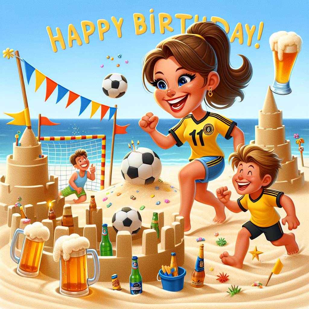 A cartoon-themed, seaside birthday scenario is set with the sands decorated with sport-themed (resembling soccer) embellishments, creating a cheerful atmosphere. The birthday girl is depicted as an 11-year-old with long blonde hair tied back, dressed in a yellow jersey identifying herself as a fan of a generic soccer team. She giggles as she scores a goal past a makeshift sandcastle goalpost. Another female figure, identifiable by her sleek dark brown bob and bright red lipstick, stands distinct with a frothy beer in her hand. A young boy with tousled light brown hair jubilantly chases a soccer ball along the shoreline. The scene is sprinkled with additional elements associated with the beach, soccer, and light-hearted celebrations, alongside cartoonified beer icons, signifying family, sportsmanship, and joy.
Generated with these themes: Watford soccer football club, His 11 year old daughter Betsy who has long blonde hair, His busty wife Lynsey who wears red lipstick and has a dark brown bob cut, His son Edward who is 8 and has light brown hair, Beers, Soccer , and Beaches.
Made with ❤️ by AI.