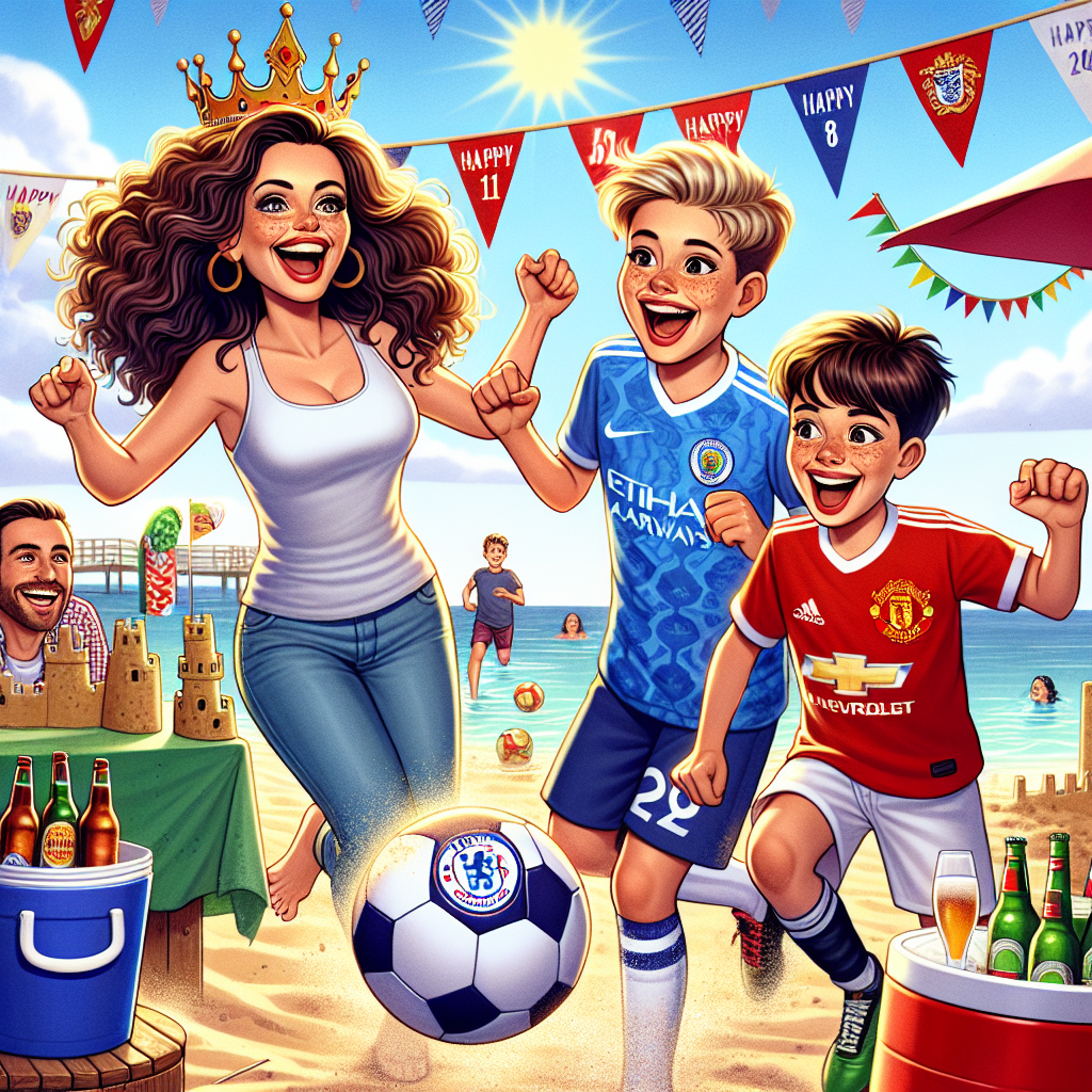Illustrate a heartwarming scene depicting a family's joint birthday celebration with a vibrant football theme centered around their love for a popular soccer club. The scene includes Betsy, an 11 year old Caucasian girl with flowing blonde hair, exhilaratingly dribbling a soccer ball adorned with the crest of a well-known football club. Her mother, Lynsey, is a Caucasian woman with a voluminous dark brown bob and her signature red lipstick, supporting her daughter with a cartoonishly broad smile. Betsy's brother, Edward, an 8-year-old Caucasian boy with light brown hair, is holding a football, his eyes lit up with joy. The backdrop features a sunny beach setting, where sandcastles can be seen and a cooler of chilled beers is placed, symbolizing the amalgamation of family, joy, and passion for football.
Generated with these themes: Watford soccer football club, His 11 year old daughter Betsy who has long blonde hair, His busty wife Lynsey who wears red lipstick and has a dark brown bob cut, His son Edward who is 8 and has light brown hair, Beers, Soccer , and Beaches.
Made with ❤️ by AI.