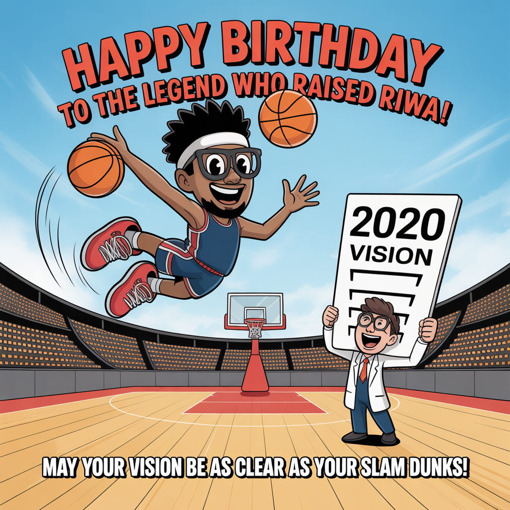 At the top of the image, "HaPpy BirThDaY to the legend who raised Riwa!"

Add at the bottom of the image, "May your vision be as clear as your slam dunks!"

- In the center of the image, depict a playful cartoon scene of a basketball court. A towering basketball player, wearing a headband and oversized glasses, is mid-air, executing an exaggerated slam dunk while juggling basketballs. On the sidelines, an animated optometrist is enthusiastically cheering, holding an oversized eye chart that reads "2020 Vision." The colors are bright and lively, capturing the essence of fun and celebration.
Generated with these themes: Al-Riadi basketball te , Optometrist , and .
Made with ❤️ by AI.