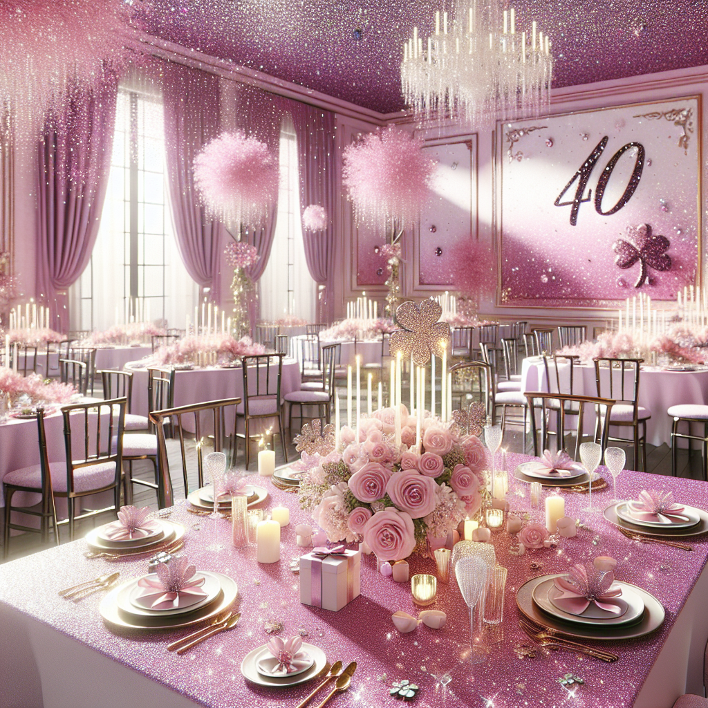 Visualize a room elegantly decorated for a 40th birthday celebration in a realistic style. There are pink and purple tones all around, casting a tranquil yet festive ambiance. Glitter is sprinkled throughout the room, symbolizing a life lived with zest, with the addition of diamonds sparkling around. Every table has delicate shamrock accents, representing good fortune or personal significance to the guest of honor. The overall mood of the room is serene and festive. Each element, from the sprinkling of glitter to the decorative shamrocks, is thoughtfully curated to represent a graceful transition into a new decade.
Generated with these themes: 40, Pink and purple , Glitter, Sparkle diamonds , and Shamrock.
Made with ❤️ by AI.