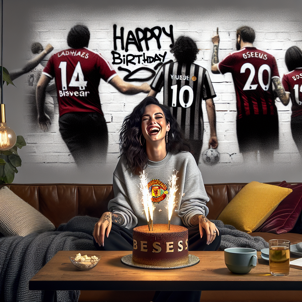 Imagine a comfortable, warmly lit room adorned with festive birthday decor. A woman with rich, dark hair stands in the middle, her laughter frozen in time, surrounded by a group of friends from diverse ethnic backgrounds. Emblazoned across her shirt is the emblem of a popular football team, marking her as a dedicated fan. In the center of the scene, a beautifully decorated birthday cake steals the spotlight with its sparklers. On a wall in the side, a street-art mural reminiscent of the satirical stenciling style common to the late 20th century, incorporates clever birthday motifs, perfectly encapsulating the overall theme.
Generated with these themes: Female, Dark Hair, Tottenham Hotspur logo, Cake, and Banksy.
Made with ❤️ by AI.