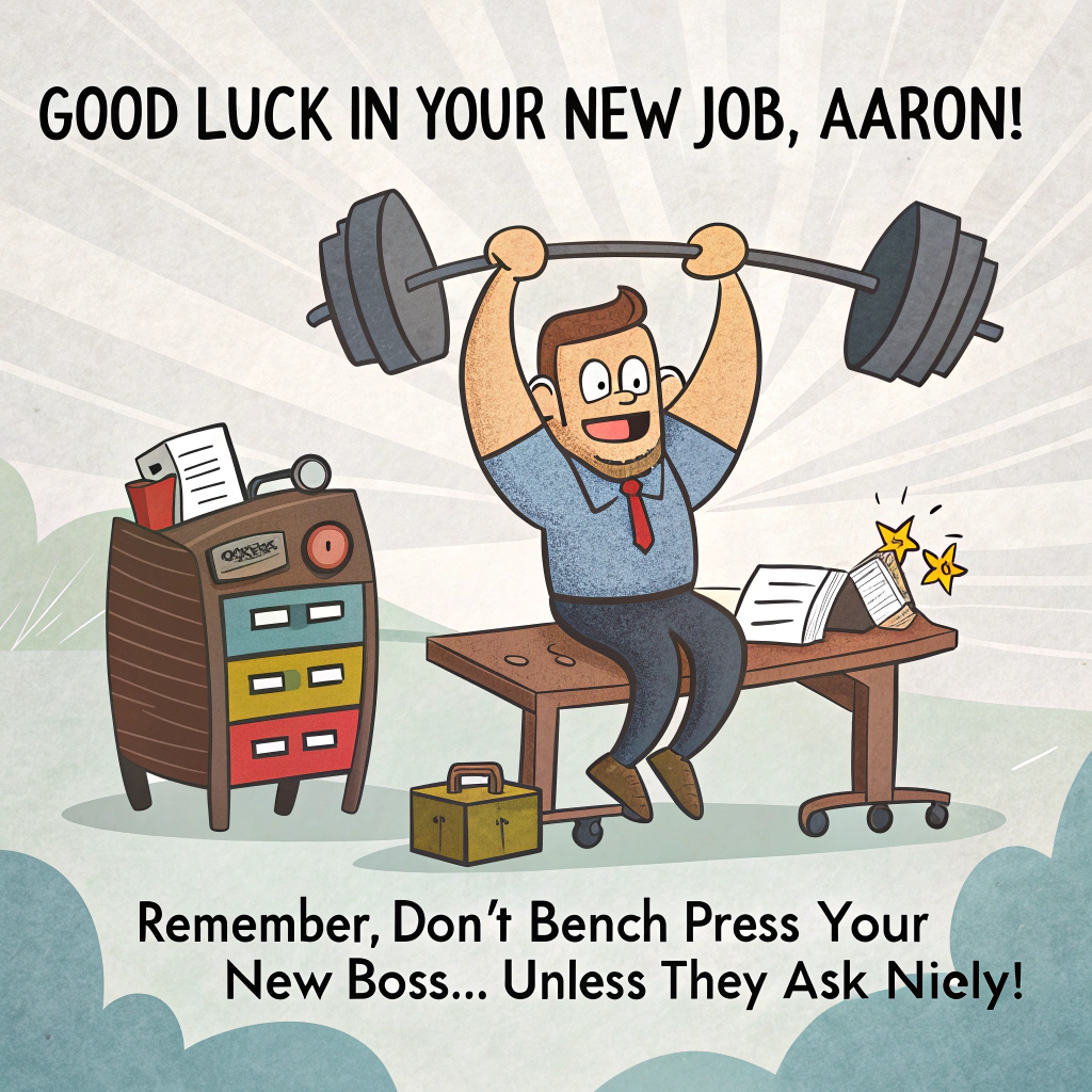 At the top of the image, "Good luck in your new job, Aaron!":

At the bottom of the image, "Remember, don't bench press your new boss... unless they ask nicely!"

- In the center of the image, depict a playful cartoon scene of Aaron, a muscular character with exaggerated biceps, confidently attempting to bench press a stack of office supplies with a comical expression of determination.
- A quirky, animated barbell adorned with miniature office desks and swivel chairs adds a humorous touch, while a friendly gym-goer in the background offers a thumbs-up.
Generated with these themes: Fitness, Weights, and .
Made with ❤️ by AI.