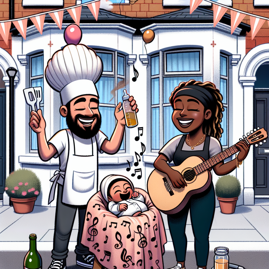 Create a heartwarming cartoon scene set outside a newly renovated terraced house in Watford, decorated with festoons and balloons. Depict a Middle-Eastern Dad wearing a toque and an apron, grinning broadly as he expertly juggles a baby bottle, a spatula, and a wine bottle - a testament to his cooking skills. Next to him, show a Black Mum with a guitar slung over her shoulder, her eyes filled with love as she gazes at their baby who is swaddled in a blanket made up of musical notes and clefs, serenading their bundle of joy. Above them, a banner reads 'Home Sweet Home.'
Generated with these themes: New terraced home the Dad has just finished renovating in Watford, London, Mum is a singer-songwriter, and Dad also likes cooking and wine.
Made with ❤️ by AI.