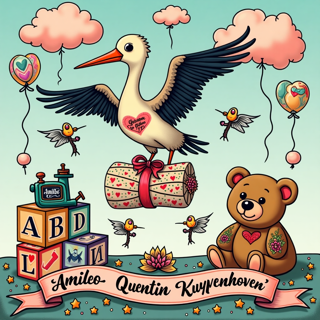 Picture a whimsical nursery bursting with quirky and unexpected elements to celebrate the arrival of a new baby, all infused with a playful tattoo theme. In the center of the scene, a large, vintage-style tattooed stork, complete with an anchor and heart inked on its feathery chest, gracefully carries a bundle wrapped in an intricate patterned cloth. The bundle is tied with a ribbon that displays the name "Amileo Quentin Kuyvenhoven" in ornate, elegant script, reminiscent of traditional tattoo lettering.

To the left, a toy tattoo machine, decorated with colorful pin-up designs and cartoonish swallows, rests atop a stack of alphabet blocks. Each block features a letter encased in tiny tattoo-style roses and vines. To the right, a cheerful teddy bear with faux tattoos of stars and anchors on its plush arms sits with a wide, welcoming smile.

Above, the sky is a surreal canvas of pastel clouds shaped like tattoo flash art, swirling together to form whimsical images of hearts with wings and anchors intertwined with ribbons. Within the clouds, tiny cherubs sporting sunglasses and playful expressions flutter about with toy-sized, multicolored tattoo guns.

In the foreground, a colorful banner stretches across the scene, held up by balloon bouquets shaped like classic tattoo symbols, including hearts and stars. The banner proudly reads, "Welcome to the World, Amileo Quentin Kuyvenhoven!" in a vivid combination of blues and pinks, echoing the vibrant spirit of the artwork.

The scene is filled with intricate details inspired by the work of artists like Yulia Sokolova and Von Glitschka, incorporating bold lines and vibrant colors. Every element in the scene contributes to a fantastical celebration, inviting viewers into a world where traditional tattoo art meets the joyous occasion of welcoming a new life.
Generated with these themes: tattoo.
Made with ❤️ by AI.