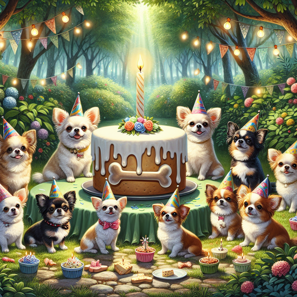 Create an enchanting illustration that captures a birthday celebration being enjoyed by a gathering of Chihuahua dogs of different colors. The dogs are delightfully wearing quirky little party hats. They are seated obediently around a massive bone-shaped birthday cake, adorned with a single solitary lit candle. The scene is laid out in the middle of a verdant, lively garden. Gentle fairy lights and festive bunting are strung from the surrounding trees, contributing to the creation of a magical, captivating ambiance for the ongoing celebration.
Generated with these themes: Chihuahua dogs.
Made with ❤️ by AI.