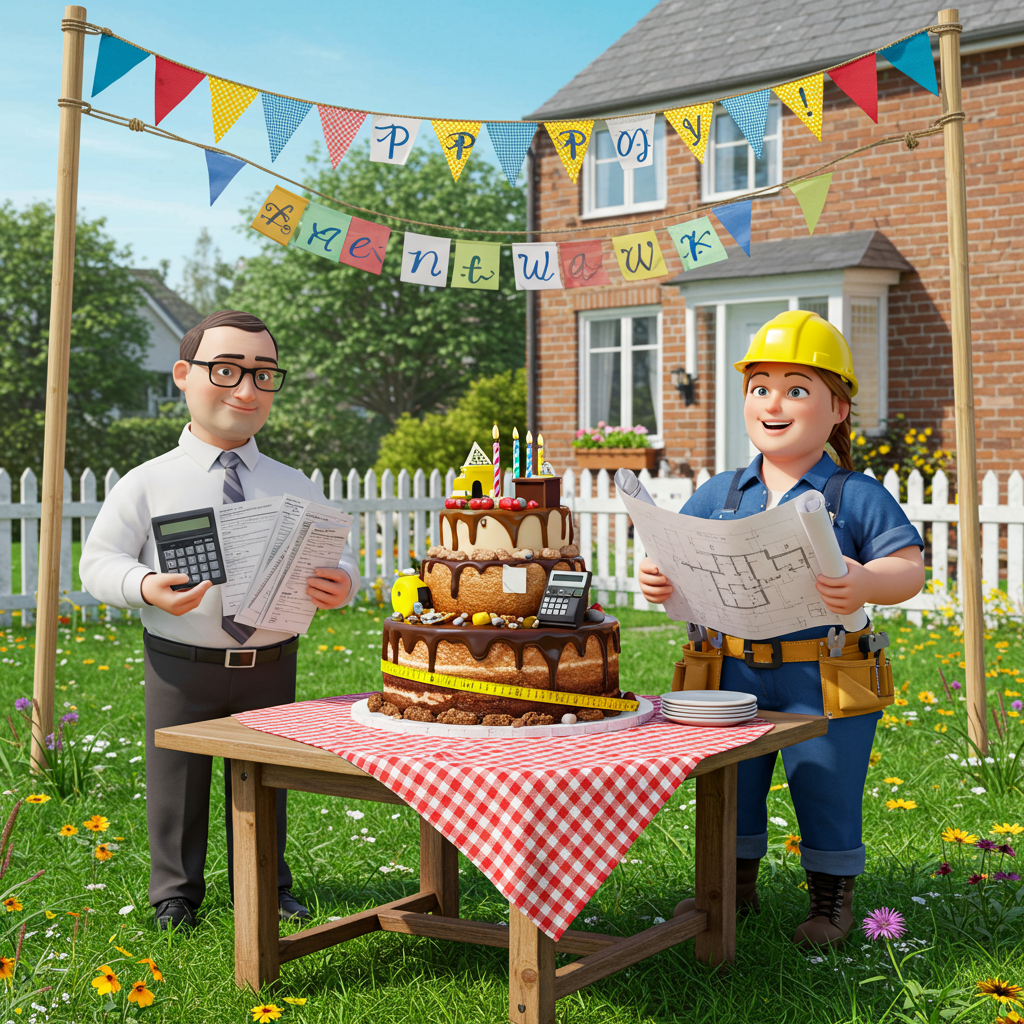 **Front Cover Description:**

**Background and Setting:**  
The scene is set in the garden of a charming brick house, reminiscent of classic suburban homes. The sky is a bright, cloudless blue, providing a crisp backdrop. The garden is filled with lush, well-maintained green grass, dotted with vibrant wildflowers in yellows, pinks, and purples. A white picket fence encircles the garden, adding a cozy touch.

**Central Elements:**
- **Birthday Banner:** Strung between two wooden poles, the banner stretches across the top of the scene. It is a series of colorful, triangular flags in red, blue, green, and yellow. In bold letters, it reads "Happy Birthday!" in the center. One of the flags has "Ania Wilk" written in elegant, cursive gold lettering.
  
- **Characters:**
  - **Accountant:** On the left, there is a lifelike representation of an accountant. The accountant is a middle-aged man with a slightly balding head and wire-framed glasses. He is dressed in a crisp white shirt with a grey tie, sleeves rolled up. He is holding a calculator and a stack of colorful paper (representing financial reports) in one hand, glancing over at the cake.
  
  - **Builder:** On the right, the builder is a stocky woman with a cheerful demeanor. She is wearing a blue denim work shirt, yellow hard hat, and tool belt filled with tools like a hammer and wrench. She is holding a blueprint rolled up in one hand and gesturing towards the cake with the other.

**Birthday Cake:**  
At the center of the scene, placed on a sturdy wooden table with a checkered red and white tablecloth, is a large, multi-layered birthday cake. The cake is decorated with a construction theme: the base is chocolate with a bright yellow icing tape measure wrapped around it, and the top layer is vanilla with a mini desk and calculator made from fondant. A small figure of a house made from icing sits atop the cake. The candles are lit and shaped like miniature construction cones and abaci.

**Additional Details:**
- **Decorations:** Scattered around the garden are party decorations including colorful balloons tied to the fence posts and a few party hats in vibrant colors tossed onto the grass.
- **House Features:** The house features classic elements like green shutters, a small porch with a white swing, and a mailbox by the door. A cat can be seen lounging on the porch railing, adding a touch of homeliness to the scene.

The overall composition should be visually balanced, capturing the theme of a birthday celebration with an accountant and builder twist, inviting viewers into a scene that is both humorous and meticulously detailed.
Generated with these themes:  Senatorium of an accountant and a builder, and House.
Made with ❤️ by AI.