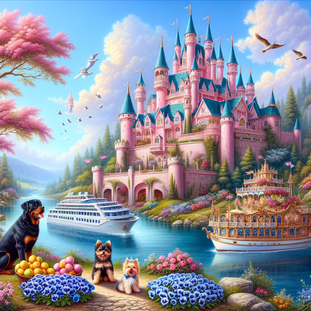 An enchanting painting of a delightful pink castle set against a clear blue sky. A tranquil river flows in the foreground where a small gondola is filled with a pile of lemon fruits and a majestic cruise ship embarks on a joyous journey. The riverbank is beautifully decorated with a group of blue pansies, standing out against the surrounding lush green vegetation. Close by, a docile Rottweiler acts as a sentinel, observing a curious Yorkshire terrier puppy as it explores the magical environment. The entire scene radiates the warmth and festive spirit befitting a Mother's Day celebration, even though no mother figure is present.
Generated with these themes: Gondola, Cruise ship, Pink castle, Lemons, Blue pansy, Rottweiler, and Yorkshire terrier puppy.
Made with ❤️ by AI.