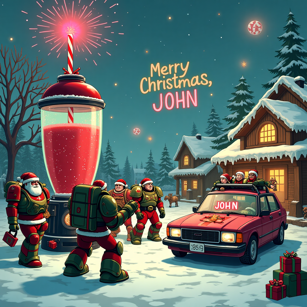 In a bustling and humorous Christmas-themed scene, the chaos of multiple worlds collides in a lively, cartoonish landscape. At the forefront, a group of Space Marines from Warhammer 40k, donned in festive armor adorned with twinkling Christmas lights, are engaging in synchronized push-ups, their power fists comically oversized, as if participating in a holiday fitness challenge. Right beside them, a towering protein shake blender whirrs energetically, its contents swirling with a vibrant red and green concoction, while a Space Marine sergeant, comically sipping through a candy cane straw, keeps count.

Nearby, a jolly Santa Claus figure dressed in hip-hop style—complete with a tilted cap and oversized gold chain—bounces to a beat emanating from a giant, decorated boom box, which plays classic Christmas carols remixed with hip-hop rhythms. Parked just behind this musical ensemble is a vintage Saab 9-3, whimsically wrapped in a giant bow like a Christmas present. The car’s windshield features a glowing, holographic “Merry Christmas, JOHN” banner, ensuring JOHN’s name takes center stage in this eclectic scene.

On the side, a gaming station is set up, with elves intensely focused on a Dungeons & Dragons session. The game board is spread out on the bonnet of the Saab, where miniature figurines battle amidst snow-dusted trees and tiny, intricately detailed presents. Hovering above, the sky is lit with festive fireworks that spell out "Merry Christmas, JOHN" in vibrant hues of red and green, ensuring JOHN’s name is etched in the wintry sky for all to see.

In the background, the landscape resembles a Norman Rockwell-inspired winter village, with snow gently blanketing the rooftops and a warmly lit tavern where Beatrix Potter-style woodland creatures in tiny festive attire peek through frosted windows, eagerly watching the absurd yet heartwarming scene unfold.
Generated with these themes: Warhammer 40 k, Pushups, Protein shake , Hiphop, Saab 9.3, Gaming, Dungeons and dragons, and .
Made with ❤️ by AI.