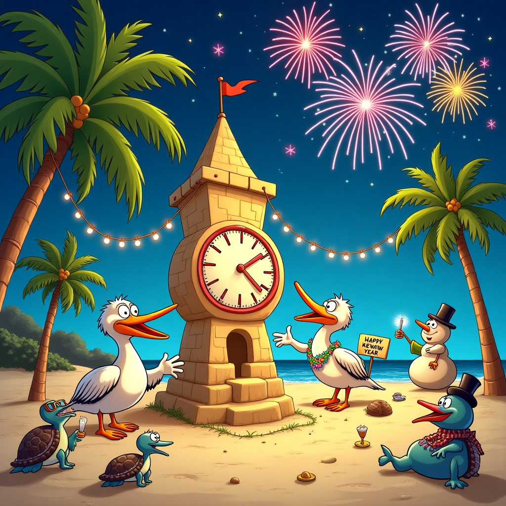The scene is set on a lively and whimsical stretch of Hilton Head Island beach, bustling with a cast of eccentric cartoon characters, each adding a sprinkle of hilarity to the New Year’s Eve celebration. At the center of the sandy tableau is a colossal sandcastle shaped like a clock tower, its top decorated with a large, colorful clock face showing a minute before midnight. The clock’s hands are comically oversized, made from seaweed and driftwood, with a family of curious hermit crabs attempting to hitch a ride on the minute hand.

In the foreground, a duo of anthropomorphic pelicans, with exaggeratedly long beaks and wide, mischievous eyes, are attempting to string lights made of glowing jellyfish between the palm trees, which comically sway and duck to avoid the tickling tentacles. One pelican is tangled in the lights, its feathers sticking out in odd angles, while the other, wearing sunglasses despite the twilight, is laughing so hard it’s perched precariously on one leg.

Nearby, a group of beach-chair-seated turtles, each with a Hawaiian shirt and a coconut drink in hand, are eagerly awaiting the countdown. One turtle, sporting a top hat and monocle, has a tiny radio balanced on its shell playing a tinny rendition of "Auld Lang Syne." Next to them, a pair of cheeky dolphins, mid-leap above the surf, are playfully launching sea spray that sparkles like confetti under the moonlight.

Further back, a snowman made entirely of sand, complete with a starfish nose and seaweed scarf, stands proudly, holding a sign that says “Happy New Year!” in a bold comic sans script, its eyes made from pebbles that give it a perpetually surprised expression. Above, the night sky is bursting with a comical display of fireworks, each exploding into silly shapes—like a giant rubber duck, a beach ball, and a pair of flip-flops—casting a kaleidoscope of colors across the delighted faces of the characters below.

This whimsical scene is framed by a border of cartoonish, exaggerated sea shells and tiny fish that pop up, waving little banners with messages like “Catch the Wave to the New Year!” and “Surf’s Up, 2024!” The entire composition is imbued with a playful nod to the past year’s antics, celebrating the new year with a delightful beachside twist.
Generated with these themes: hilton head island.
Made with ❤️ by AI.