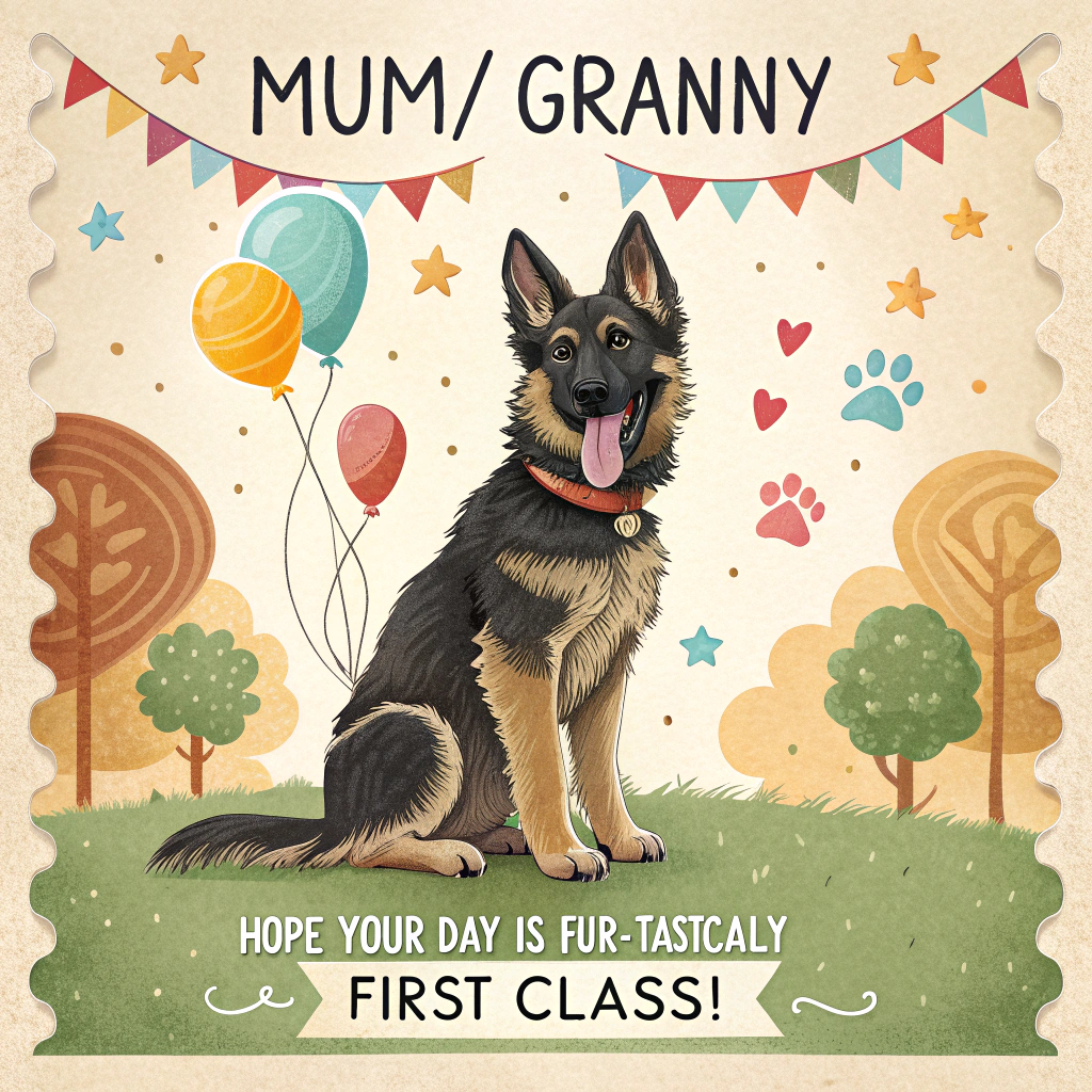 At the top of the image, "Mum/Granny":
Add at the bottom of the image, "Hope Your Day is Fur-tastically First Class!"

- In the center of the image, place a Black and Tan German Shepherd with a playful expression, sitting proudly with one paw raised, as if waving.

- Perched on the shepherd's head is a large, oversized postage stamp, with an amusing design featuring dog bones and birthday balloons.

- In the background, a colorful array of party decorations including streamers and confetti fills the scene, creating a joyful atmosphere.

- On one side of the shepherd, place a small pile of birthday cards, each one adorned with paw prints and playful doodles, as if they were personally addressed by the dog.

- On the other side, position a whimsical, dog-friendly birthday cake with a candle shaped like a bone.

- The backdrop should depict a bright, sunny day, with a clear blue sky visible through an open window, inviting in the celebration's light and warmth.
Generated with these themes: Black and Tan German Shepherds and postage stamp.
Made with ❤️ by AI.