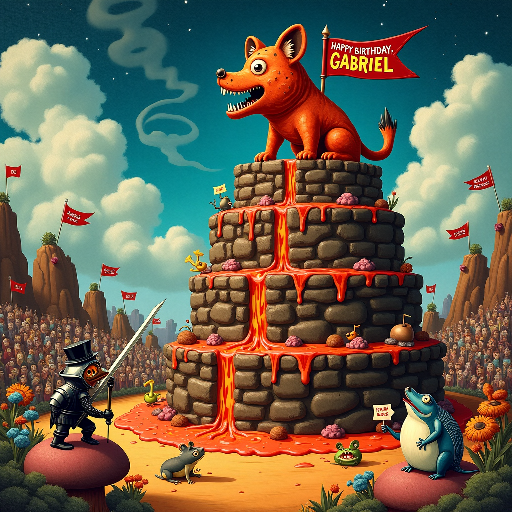 In the center of the scene, an oversized birthday cake towers high, its layers resembling a rocky fortress, each tier an homage to the Eldrador lava world, with molten chocolate rivers cascading down its sides. Atop the cake stands a comically fierce lava hyena, made of sugar and spice, baring its teeth in an exaggerated, friendly snarl. The hyena, designed with quirky spirals and polka dots, clutches a frosted banner in its jaws that whimsically reads "Happy Birthday, GABRIEL" in vibrant, fiery colors. Surrounding the cake is a bustling battle arena, whimsically chaotic yet artfully balanced, with an audience of playful, fantastical creatures inspired by Beatrix Potter and Maurice Sendak, all cheering and waving miniature flags. Among the spectators, a dapper frog wearing a top hat and monocle is perched on a mushroom, while a hedgehog in a waistcoat holds up a tiny sign that says "Go, Gabriel!" Above the scene, clouds crafted like cotton candy swirl around, forming the intricate outlines of GABRIEL's name once again, as if the sky itself is joining the celebration. On the left side, a cartoonish knight with an exaggerated plume on his helmet, reminiscent of an Arthur Rackham illustration, points his lance not in aggression, but in jovial challenge towards the lava hyena. The entire scene is bursting with lively details, from the vibrant colors of the candy-like flora around the arena to the shimmering, star-studded sky, giving it an enchanting, dream-like quality akin to a Gustave Doré engraving.
Generated with these themes: Eldrador lava hyena battle arena.
Made with ❤️ by AI.