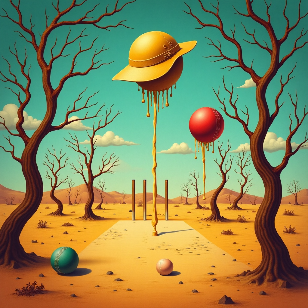 **Prompt for the Image:**

At the top of the abstract image, *"70 Not Out! Still Bowlin' Over Time Itself, Happy Birthday!"*

Create a surreal, abstract image that merges elements of Salvador Dali's *The Persistence of Memory* with the theme of cricket, designed with a dreamy, whimsical twist perfect for a birthday greetings card. Replace the classic melting clocks with vintage cricket bats warped and drooping over desolate desert landscapes. Soft cricket balls sag like melting wax over the branches of eerie, leafless trees. In the center, a pitch emerges from the sand like an ancient monument, and stumps twist skyward like spiral towers. A golden cricket cap levitates where the sun should be, casting long, bendy shadows that spell out subtle celebratory symbols. Use rich, sun-faded colors—sandy oranges, dreamy ochres, surreal teals—to blend nostalgia with playful absurdity. Capture the essence of timelessness and sport fused into one dreamy birthday vision.
Generated with these themes: Incorporate cricket into Salvador Dali's painting The Persistence of Memory.
Made with ❤️ by AI.