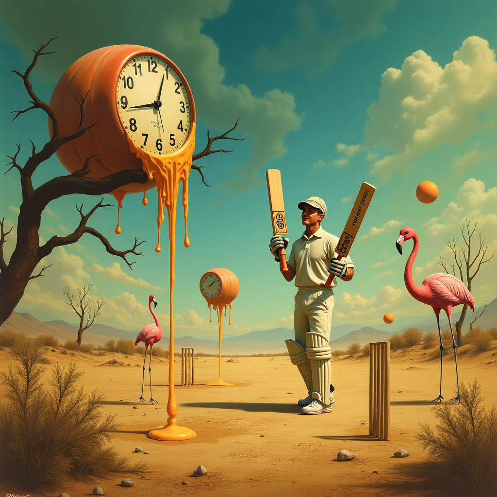 **Image Prompt:**

At the top of the abstract image, _“70, Not Out! Time May Melt, But You Still Bat Like a Dream, Brian!”_

A surreal dreamscape inspired by Salvador Dali's *The Persistence of Memory*, where melting clocks are replaced with drooping cricket bats, stumps bend like soft licorice over a sun-cracked pitch, and the sky swirls with buttery hues of dawn and delirium. Oversized cricket balls with glassy, reflective surfaces roll slowly across a Dalí-esque desert, leaving behind time-smeared trails. A surreal cricketer, his shadow warped and stretching unnaturally, holds a pocket watch like a trophy in one hand and a flamingo-headed bat in the other. On a branch of a dead tree, a scorecard gently sags—etched into it: “70, Not Out.” The entire landscape breathes with quiet absurdity and jubilant timelessness.
Generated with these themes: Incorporate cricket into Salvador Dali's painting The Persistence of Memory.
Made with ❤️ by AI.