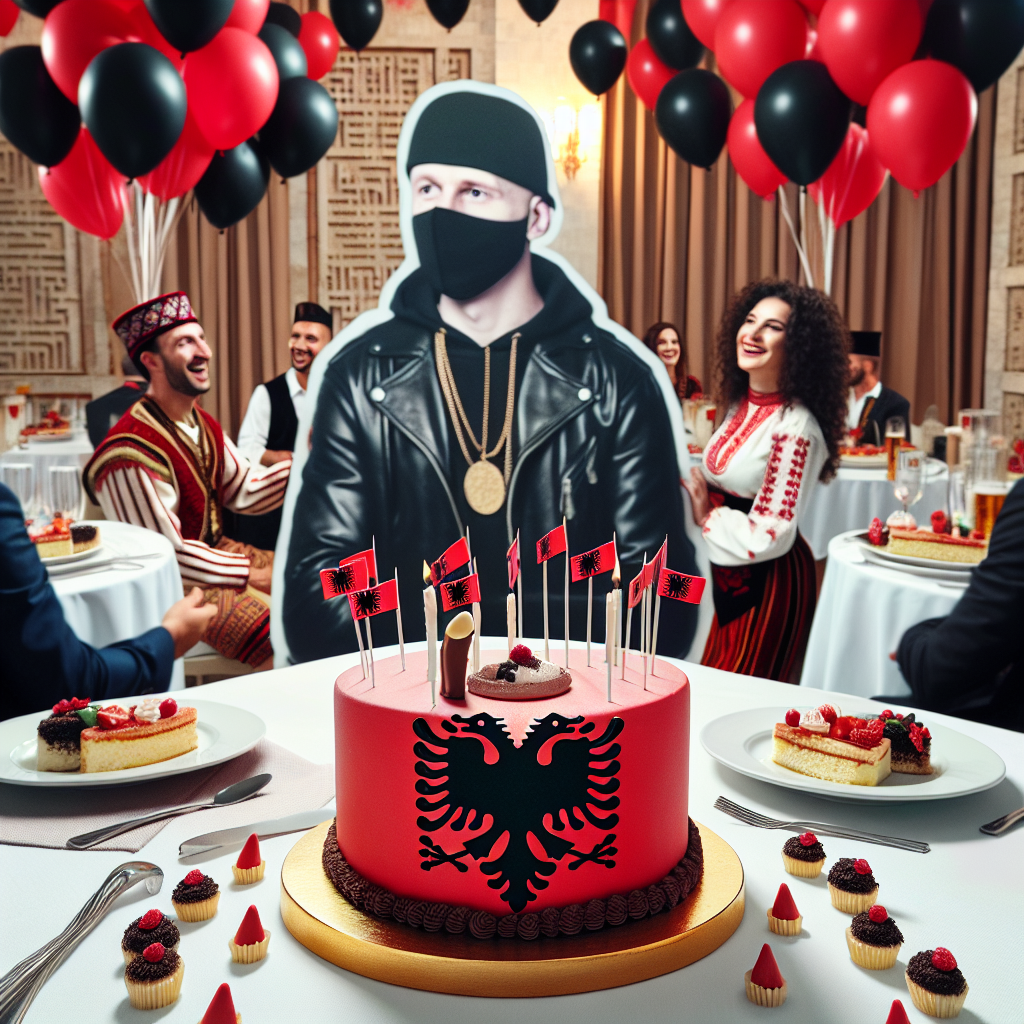 Imagine a delightful birthday setting with a fine blend of realism and delightful elegance. The focal point of the room is a cake, meticulously crafted to depict the Albanian flag. The air is filled with balloons of vibrant red and black hues, elegantly floating overhead. Overseeing the celebrations in the background is a cut-out of a generic rapper with no identifiable features. Tiny chocolate musical notes adorn the tables as a tribute to his craft. Guests dressed in traditional Albanian costumes interact, their laughter blending with the gentle plucking of guitar strings.
Generated with these themes: Albania, and BM (rapper).
Made with ❤️ by AI.