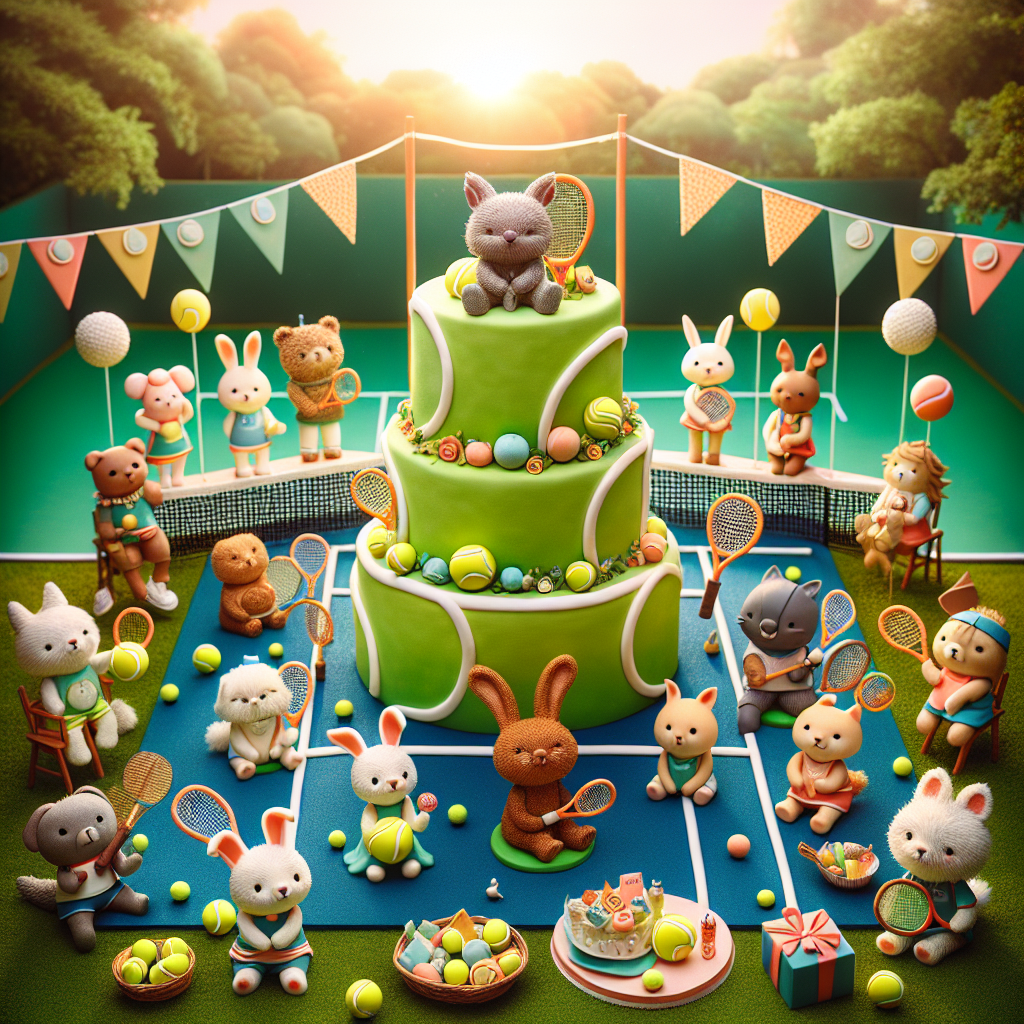 Create a whimsical, tennis-inspired birthday scene. The image should include a diverse mix of cute animal characters, all dressed in various tennis attire, celebrating around a creatively designed tennis ball-shaped cake. The cake itself has miniature net and racket toppers as a nod to their sporting theme. In the background, the grassy tennis court transforms into a picnic area, with birthday presents and party favors casually strewn about. Above the festive scene, bunting flags decorated with tennis ball imagery are hung and catch the eye. The entire party is bathed in the lush, warm hues of a setting sun.
Generated with these themes: Tennis.
Made with ❤️ by AI.