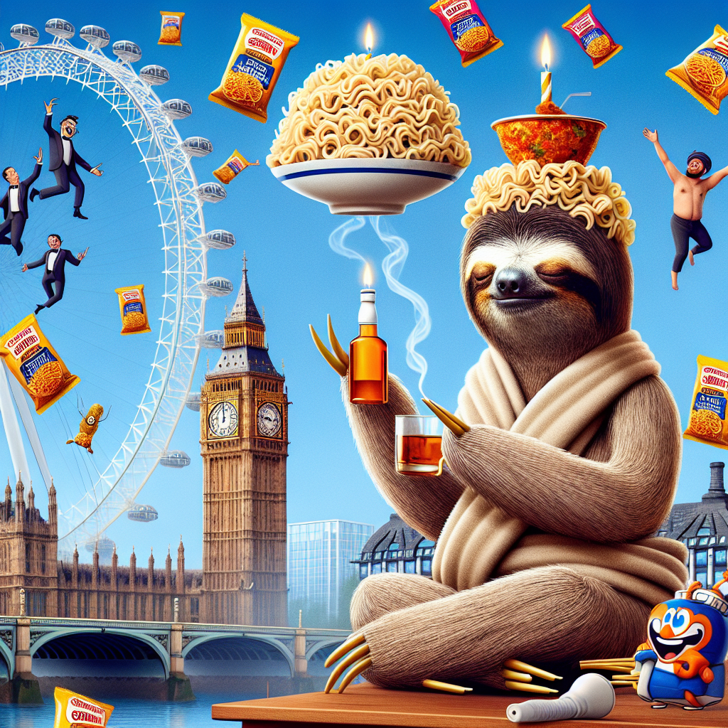 In this whimsically funny birthday scene, a cartoon sloth meditates atop a large clock tower similar to Big Ben, clutching a bottle of whisky, overlooked by the grandeur of a nearby giant Ferris Wheel akin to the London Eye. Below, characters crafted from generic instant noodles, draped in robes of flavorful masala seasoning, levitate in enchantment. Floating cartoon characters that evoke the charm and humor of vintage comics giggle around, as the scent of aftershave subtly infuses spirituality into the atmosphere, completing the outlandish celebration.
Generated with these themes: Whisky, Meditation, Spirituality, Maggi noodles, View of London, Peanuts, Sloths, Magic Masala seasoning, and Aftershave.
Made with ❤️ by AI.