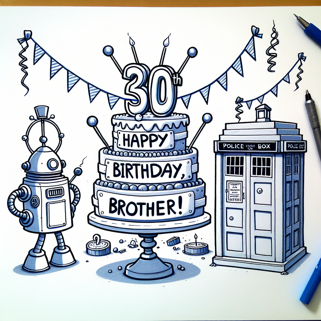 Create a playful cartoon setting that centers on a whimsically stylized birthday cake, with 'Happy 30th Birthday, Brother!' iced across it in bold letters. Next to the cake, draw a robot with a pepper pot-like body, a spherical head atop, and arms resembling plungers, looking as if it's leading a chorus of 'Happy Birthday'. Not too far away, illustrate an old-fashioned British police box decorated with party hats and streamers, as if participating in the celebration. Give the whole scene a joyous feel to echo the theme of a special 30th birthday celebration that would appeal to a fan of time travel-related shows.
Generated with these themes: Dalek, Tardis, Birthday cake , and 30th birthday brother .
Made with ❤️ by AI.