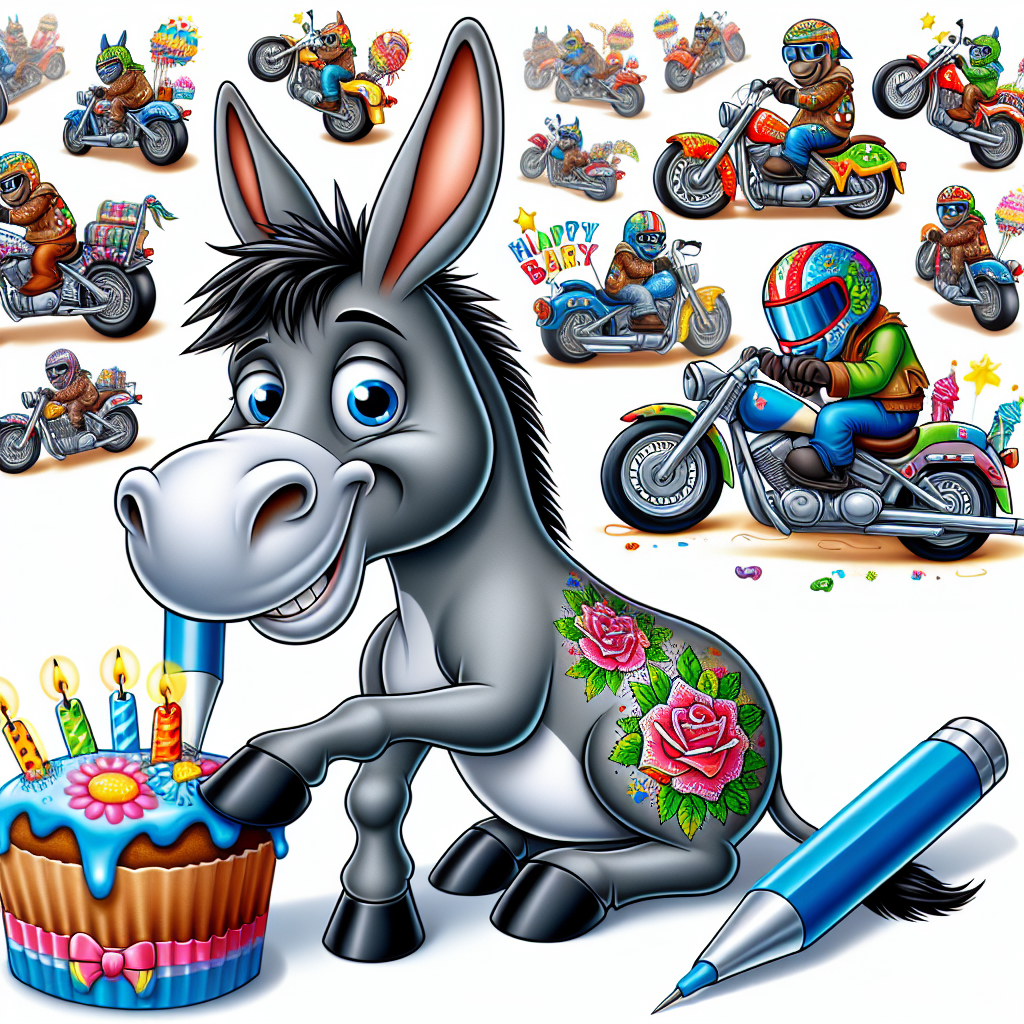 Illustrate a humorous cartoon for a birthday scenario: A grinning grey donkey, adorned with lively temporary tattoos consisting of slapstick motorbike riders and festive designs, takes center stage. This protagonist donkey has its hooves resting on a cartoonish motorbike, which is humorously too small for it, lending to an endearing image of incongruity. In the background, construct an array of motorbikes with flamboyant, exaggerated features such as comically large exhaust pipes and wheels made from frosted birthday cakes, giving an impression of movement and jubilation. The tattoos, mimicking vibrant symbols of celebration, contrast remarkably against the donkey's grey coat, enhancing this unique and entertaining birthday theme.
Generated with these themes: Tattoos, Donkey , and Motorbikes .
Made with ❤️ by AI.