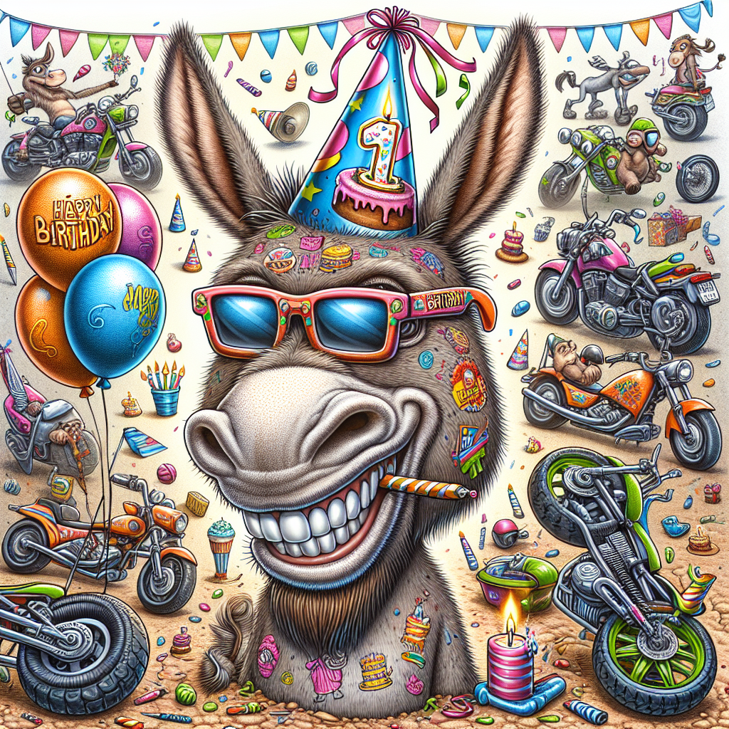 A lively cartoon celebration appears with a donkey at the center, a humorous creature wearing oversized sunglasses and a party hat. Its fur is dotted with temporary tattoos, showcasing whimsical motifs such as birthday cakes, balloons, and sputtering motorbikes. This adds an amusing touch to the overall environment. In the backdrop, caricatured motorbikes increase the humor quotient. They are drawn creatively with twisted wheels and vibrant streamers. Some are hilariously stacked, forming a precarious yet funny tower of unstable engines and side-splits. The entire illustration is imbued with a playful chaos that is unmistakably associated with a birthday theme.
Generated with these themes: Tattoos, Donkey , and Motorbikes .
Made with ❤️ by AI.