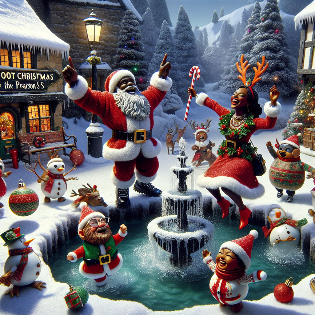 In a snowy Christmas village, Matthew and Beth, clad in matching Santa suits, prance around a frost-covered fountain where Jean, sporting reindeer antlers, splashes about, much to the amusement of Birdy who's adorning a holly necklace. The Baubles around the fountain have come to life, each with its own mini Santa hat, collaborating in the holiday shenanigans. The real Santa sits atop the village grotto like a god, overseeing the joy and laughter. 'Hey oot Christmas from the Pearson s' is cheerfully inscribed in the snow at the base of the grotto.
Generated with these themes: Matthew, Beth, Jean, Birdy, Baubles coming to life, and Santa is god.
Made with ❤️ by AI.