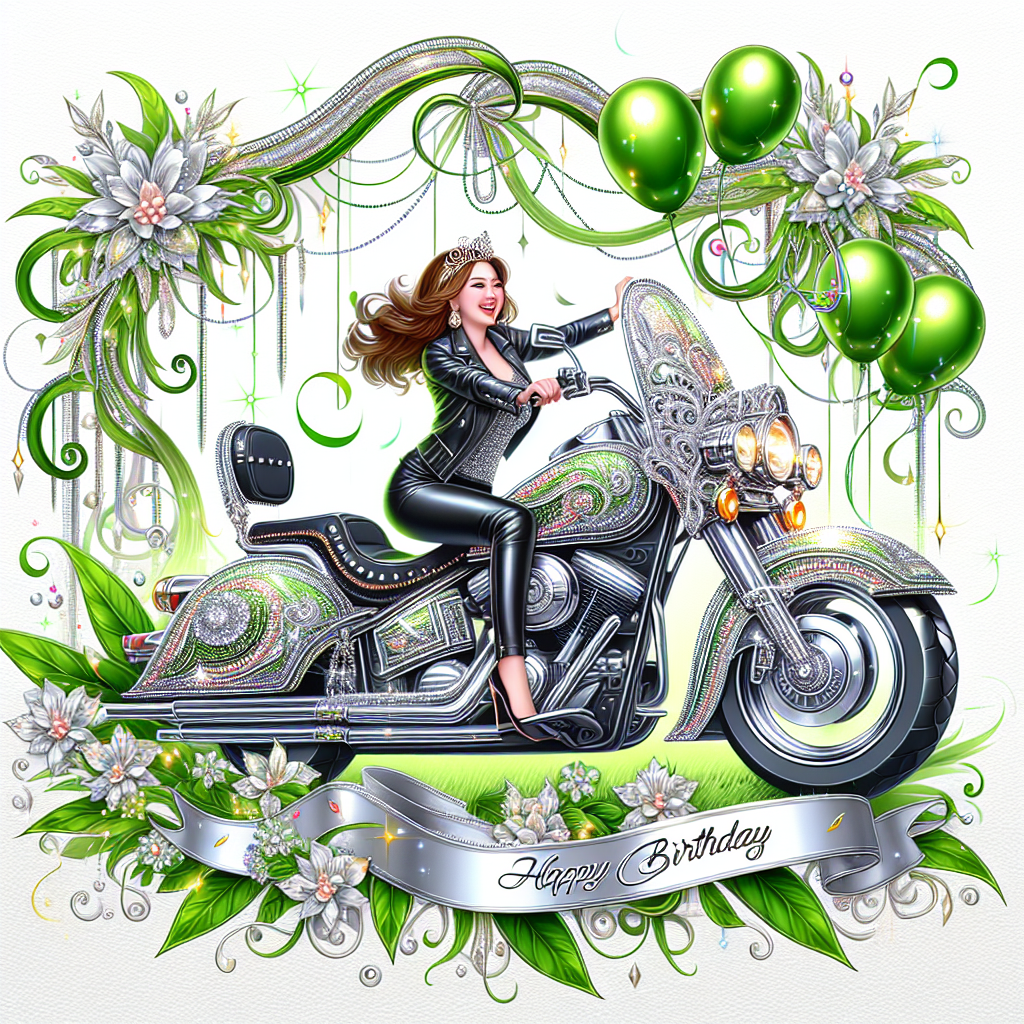 A cheerful celebration-themed artwork showcasing bright green vegetation accents in the corners, with a jubilant woman riding elegantly on a lavishly detailed motorbike. The vehicle's metallic embellishments sparkle against a background of streamers and balloons, creating a feeling of exhilaration and revelry in honor of the woman's notable day.
Generated with these themes: Plants , Motorbikes , and Helen .
Made with ❤️ by AI.