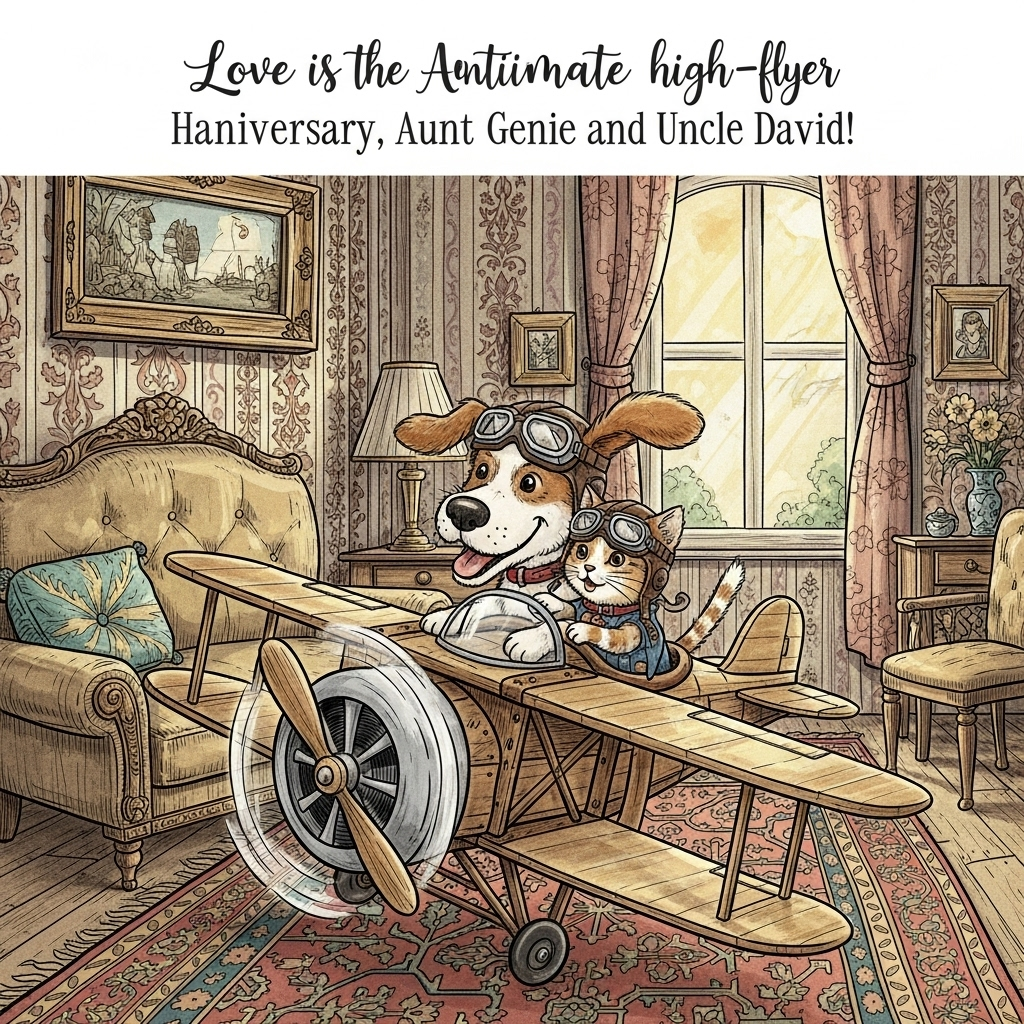 At the top of the Illustration Style image, include the text: "Happy Anniversary, Aunt Genie and Uncle David!"

---

Imagine a whimsical, hand-drawn illustration that brings a smile to your face: a cozy Victorian living room setting, rich with intricate patterns and warm, inviting colors. In the center, a lovable, mischievous dog with floppy ears and a cheerful smile plays gently with a curious cat, both wearing tiny vintage pilot goggles. The pair are embarking on a playful adventure, riding in a miniature antique airplane, complete with a propeller spinning playfully. The airplane appears to be gliding over a patterned Victorian carpet, with a backdrop of ornate wallpaper and an inviting, sunlit window. Above the charming scene, in elegant lettering, is the playful text: "Love is the ultimate high-flyer!" 

This delightful illustration captures a moment of joy and celebration, perfect for a cute anniversary greeting card.
Generated with these themes: Dog, cat, Victorian decor, airplane, and .
Made with ❤️ by AI.