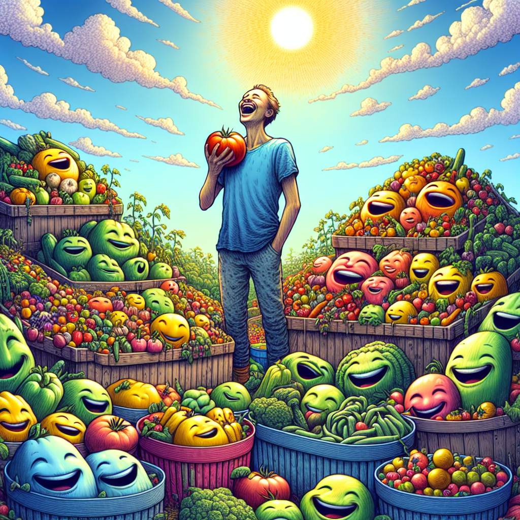 Depict an image of a thriving garden, overflowing with bins of multicolored vegetables that is testament to the vitality of the earth. Reflect a person standing amidst this bounty, their hand gripping a plump, comically imperfect tomato. Their expression of joy and wholesomeness is reflected in their hearty laughter. Add the sun above in the azure sky, almost as if it is sharing in the jubilation. This person is appreciative of the land, expressing gratitude towards it for the wonderful harvest. Imbue this scene with a sense of contentment, mirroring the happy, 'smiling' vegetables.
Generated with these themes: Gardening, Allotment, and Vegitables.
Made with ❤️ by AI.