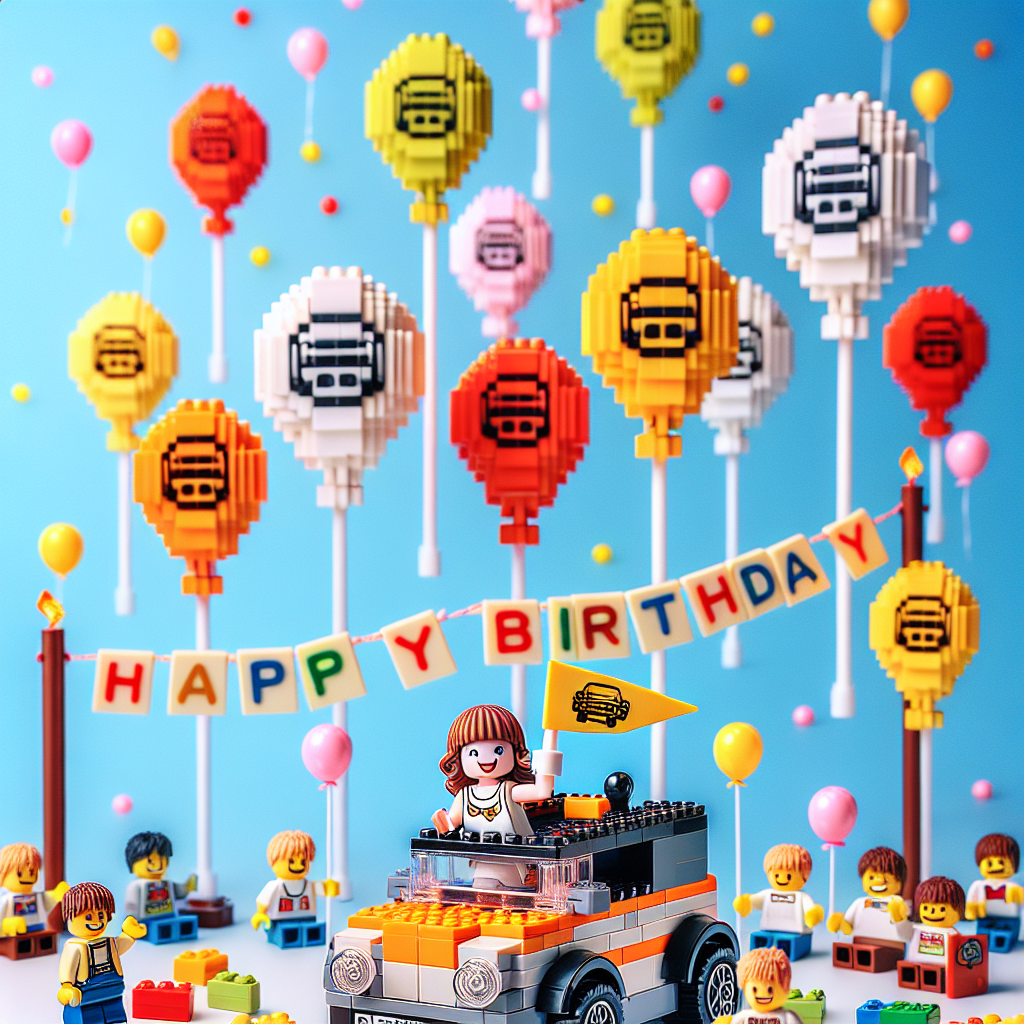 A lively birthday scene with toy building blocks scattered across the background, creatively forming the shape of balloons in the atmosphere. The toy building block balloons carry a generic car brand logo, integrating the theme within the joyful environment. In the scene's foreground, a toy building block figurine cheerfully sits inside a model car, crafted solely out of the same blocks, merrily waving a flag that reads 'Happy Birthday' to conclude the festive and charming display.
Generated with these themes: Lego, and Toyota.
Made with ❤️ by AI.