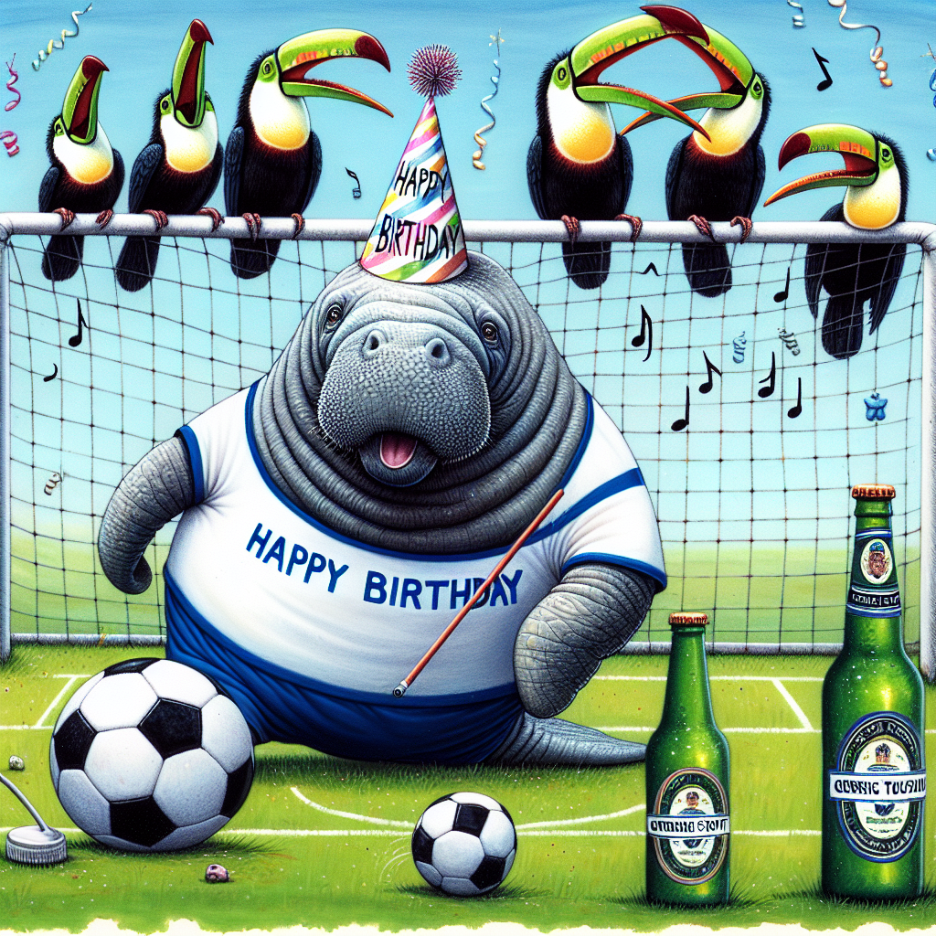 A joyful artwork shows a celebratory birthday scene on a soccer field, where a manatee wearing a generic blue and white sports jersey skillfully maneuvers a soccer ball past giggling toucans sat on the goalposts. One toucan, with a microphone in its wing, guides a group in singing 'Happy Birthday'. Scattered across the field are bottles of a generic Irish stout beer, serving as unusual cones for this eccentric match.
Generated with these themes: Soccer, Singing, Toucan, Manatee, Guinness , and Chelsea football club.
Made with ❤️ by AI.