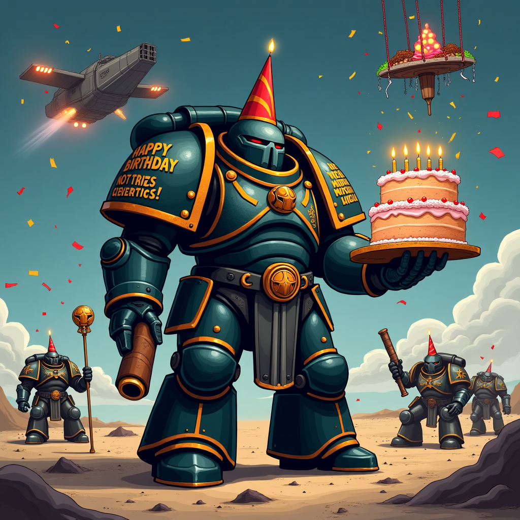 **Prompt:**

At the top of the illustration image: *"Happy Birthday, Brother — Purge the cake, not the heretics!"*

An epic, humor-packed illustration featuring a chonky Dark Angel Space Marine standing proudly on the surface of a distant moon, battle-worn and noble — except instead of holding his usual boltgun, he's clutching an enormous slice of birthday cake in one armored gauntlet, and a party horn in the other. Confetti drifts gently down from an orbiting dreadnought decked out with party streamers and banners that read “Let No Birthday Go Uncelebrated.” A servitor in the background solemnly offers cupcakes from a glowing relic-platter, and a suspiciously heretical piñata (that looks like a chaos spawn in a party hat) swings above a group of squatting Tactical Marines trying to play musical chairs in full power armor. The whole scene is painted in a richly illustrated style, full of playful details — skull candles, melta-candies, purity seals with birthday wishes, and glowing gothic text etched onto the marine’s shoulder pad: "Chapter Approved Celebrations Only!"
Generated with these themes: Dark angel space marine.
Made with ❤️ by AI.