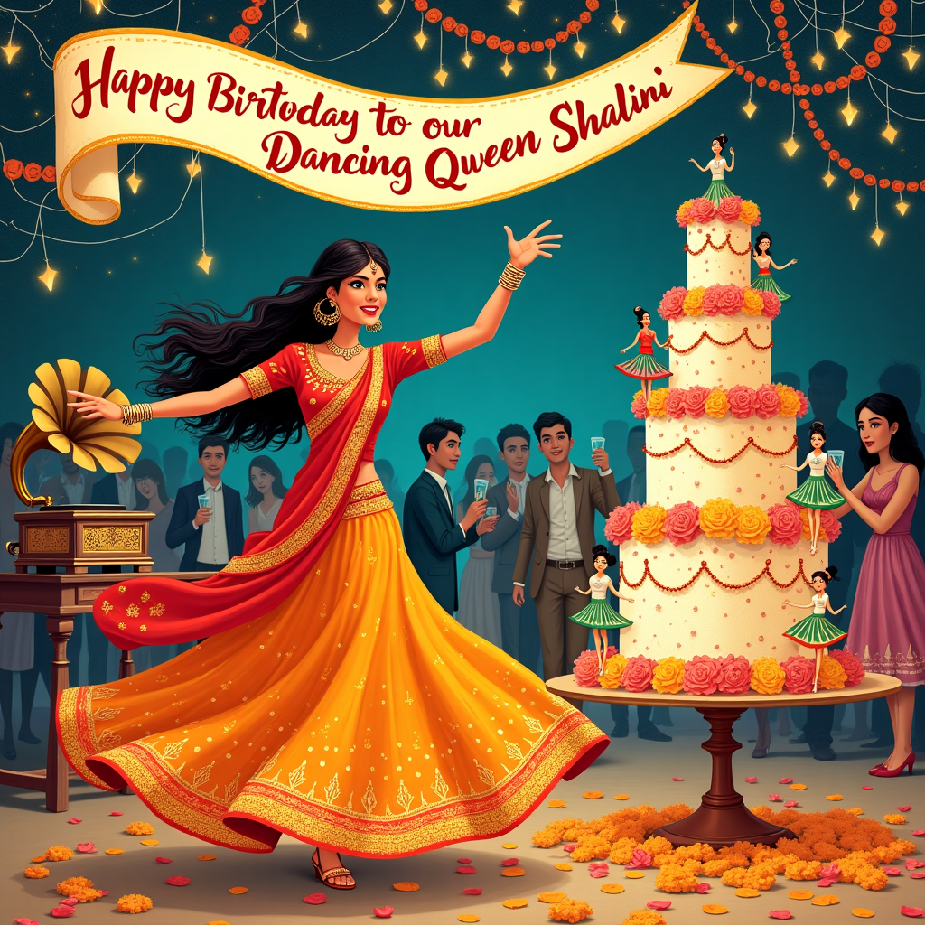 In the foreground of the card, there is a vibrant Bollywood dancer, Shalini, joyfully twirling in a cascade of vivid colors. Her traditional lehenga is adorned with intricate gold embroidery, each stitch glistening like a starry night. Her hands are gracefully extended, adorned with shimmering bangles that jingle in the air, capturing the dynamism of her dance. Behind her, a large banner unfurls with the words "Happy Birthday to our Dancing Queen Shalini!" painted in an exuberant mix of rainbow hues, each letter embellished with tiny mirrors that catch the light. 

To her right, a whimsical cake towers in all its glory, multi-tiered with frosting swirls reminiscent of classic Beardsley line work. The cake is decorated with marzipan figures in mid-dance, each one mimicking various Bollywood dance poses. A cascade of marigold petals surrounds the base, invoking the richness of an Edward Gorey illustration. Festive streamers, reminiscent of Maurice Sendak’s fanciful drawings, twist across the ceiling like serpents of celebration, interwoven with fairy lights that twinkle like Maxfield Parrish’s celestial backgrounds. 

In the background, party guests, clad in an eclectic mix of contemporary and traditional attire, are captured mid-cheer with glasses raised. Their expressions are illustrated with a Quentin Blake-esque flair, with elongated limbs and exaggerated smiles. To the left, a vintage gramophone, decorated with Beatrix Potter-style whimsical flowers, plays a lively tune, providing the soundtrack to the scene. All these elements, placed in a grand ballroom reminiscent of a Norman Rockwell painting, create a tableau where Bollywood meets the whimsical worlds of classic illustration.
Generated with these themes: Bollywood dancer at a party ,Banner Happy Birthday too our Dancing Queen 'Shalini', Birthday with cake & decoration.
Made with ❤️ by AI.
