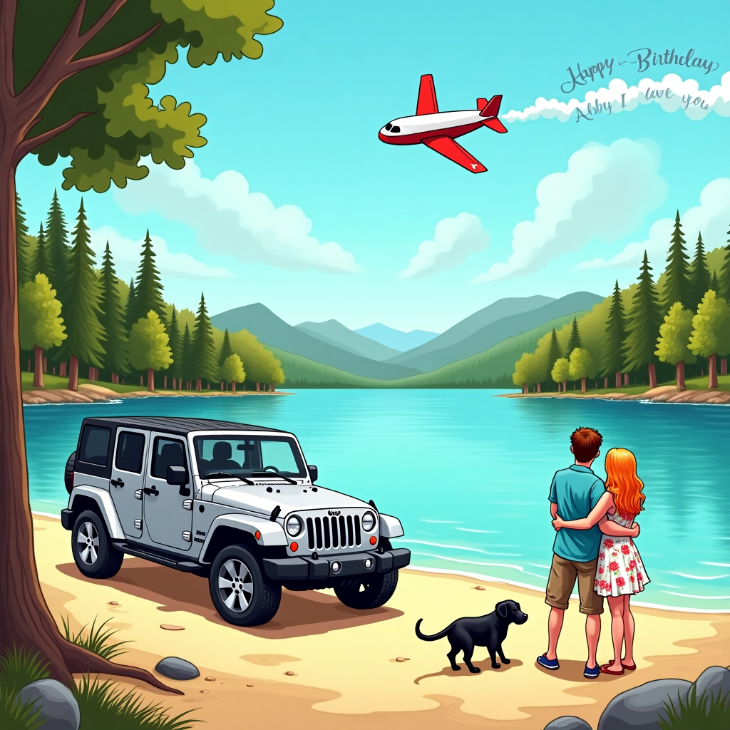 In this whimsical, cartoon-inspired birthday card scene, imagine a picturesque lakeside setting, brimming with charm and vibrant detail. At the center, a sparkling, all-silver Jeep Wrangler, with its distinctive four-door design, is parked slightly askew in front of a sprawling sandy area. Just beside it, a playful little black Labrador puppy energetically digs in the sand, his tail wagging with delight as he discovers a buried stick.

On the lakeshore, a serene couple stands embracing, taking in the tranquil view. The man, at 6 feet tall, sports neatly trimmed brown hair and wears a light blue button-up shirt with casual khaki shorts. His companion, a 5 foot 2 inch woman, has striking strawberry blonde hair cascading gently over her shoulders. She is dressed in a breezy sundress adorned with floral patterns that catch the gentle lakeside breeze. They stand side by side, their arms around each other, gazing at the glistening water, their shoes off, toes dipped into the cool edge of the lake.

In the background, a lush valley unfurls, with towering trees reaching up as if trying to touch the sky. These trees frame the scene with their deep green leaves and slender trunks. The sky above is a bright, cartoonish blue, punctuated by a lone, whimsical airplane gliding across the expanse. The airplane leaves behind a trailing message in white smoke that reads, "Happy Birthday Abby I love you!" in playful, curvy letters, ensuring the message is as heartfelt as it is visible.

This picturesque scene, with its nod to various artistic inspirations, captures a moment of serenity and joy, each element painted with vivid, comic-like strokes that bring the whole scene to life in a timeless birthday greeting.
Generated with these themes: Overlooking a lake with a valley on the side with tall trees, four door all silver jeep wrangler parked in front with one small black lab playing in the sand, A 6 foot tall male with brown short hair standing next to 5 foot 2 inch tall female with strawberry blonde hair , facing the lake, holding each other, overlooking the water, and A plane flying in the sky leaving a smoke trail that says “Happy Birthday Abby I love you!” In smoke.
Made with ❤️ by AI.