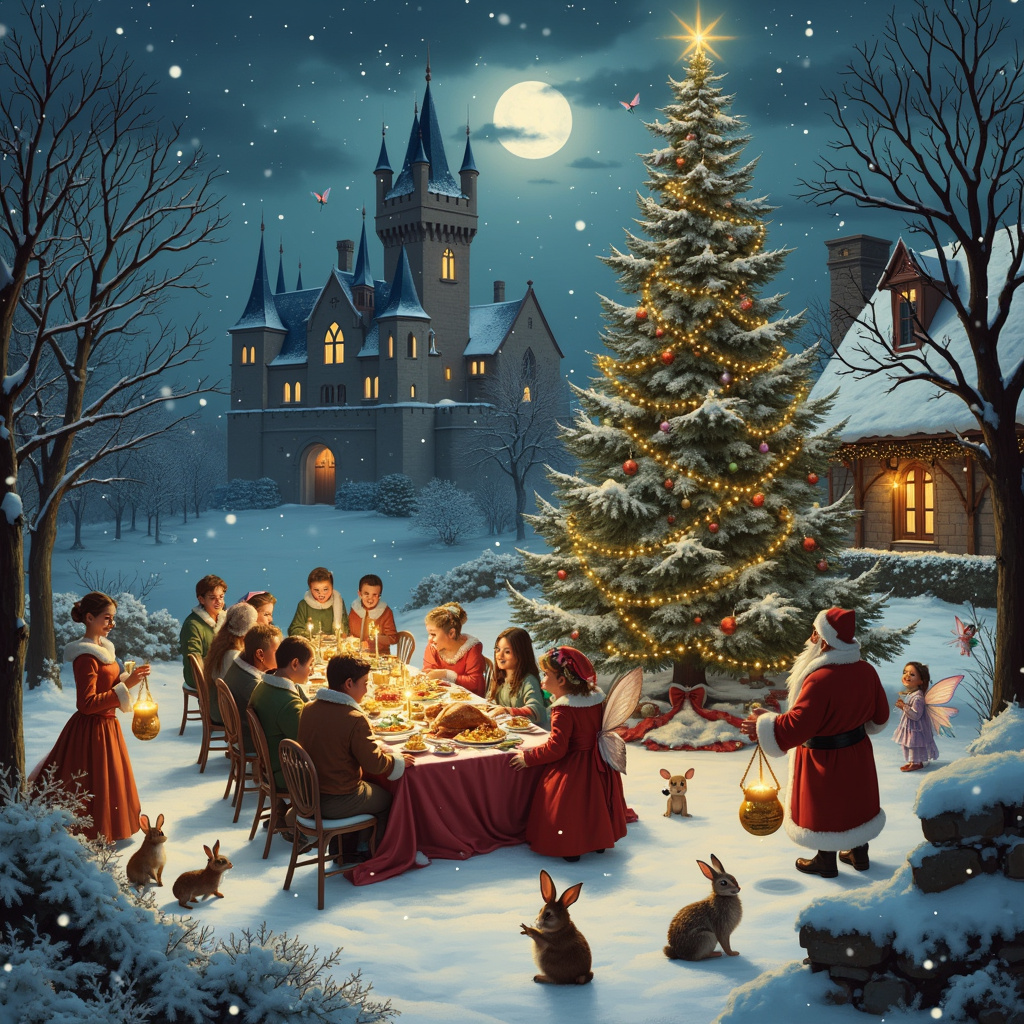 In a magical winter wonderland, a grand Christmas castle towers in the background, its turrets dusted with sparkling snow. The full moon casts a silver glow over the entire scene, illuminating fairy lights that twinkle like stars and drape elegantly from the castle's battlements to the nearby trees. In the foreground, a magnificent Christmas tree, adorned with glittering ornaments and tinsel, stands as the centerpiece, its top almost touching the sky. 

Surrounding the tree, a whimsical party is in full swing. Snowflakes dance in the air, some of which have been caught by the wings of the fairies flitting about. These delicate fairies, with their translucent wings shimmering in the moonlight, help to light the scene with tiny lanterns that they carry, casting a warm glow over the festivities. 

To the left of the Christmas tree, a grand feast is laid out on a long, rustic table covered in a festive red cloth. Platters of roasted turkey, pies, and an array of Christmas treats invite everyone to indulge. Characters reminiscent of a Beatrix Potter storybook—woodland creatures like rabbits, mice, and hedgehogs—sit around the table, cheerfully munching on the feast.

To the right, a group of partygoers, dressed in elaborate medieval-inspired costumes, engage in spirited caroling. Their songbooks are held high, and one can almost hear their melodious voices rising through the crisp night air. The singers include children with cherubic faces, elderly townsfolk with twinkling eyes, and even a jolly Santa Claus joining in with a hearty laugh.

Nestled beside the castle’s main gate, there’s a small stage where a few fairies and woodland creatures perform a charming ballet, their movements synchronized with the rhythm of the carolers. The castle windows glow warmly, suggesting the bustling activities within—preparations for more holiday merriment yet to come.

The scene is a blend of festive chaos and charming order, a rich tapestry of holiday wonder that draws inspiration from the detailed realism of Norman Rockwell, the whimsical nature of Beatrix Potter, and the enchanting, dreamlike quality of Maxfield Parrish. Each element, from the twinkling fairy lights to the lavish feast, contributes to a fantastical celebration of Christmas.
Generated with these themes: Christmas tree, Snow, Party, Castle, Moon, Singing, Feast, Fairies flying, and Fairy lights.
Made with ❤️ by AI.