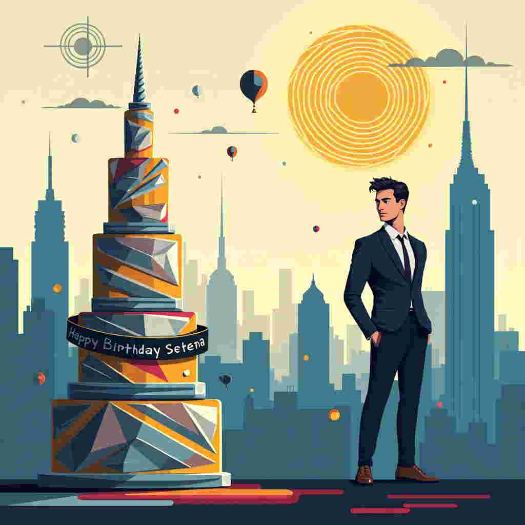 Create a vibrant and playful birthday card design, using a clean vector style with flat shapes and crisp lines. The scene is set in a futuristic cityscape, reminiscent of the world of "Divergent" with Theo James' likeness subtly integrated into the scene.

**Foreground:**
1. **Birthday Cake:** Place a towering, futuristic birthday cake in the lower-left corner. The cake should have three layers with angular, geometric patterns and digital-like textures in shades of metallic silver, deep navy blue, and rich gold. A small banner with "Serena" in sleek, modern lettering is wrapped around the top layer.
   
2. **Theo James Figure:** In the center-right foreground, depict a stylized, abstract representation of Theo James. Use simple, angular lines to suggest his signature look—tousled hair, sharp jawline, and a confident posture. His outfit is a minimalist suit in shades of charcoal gray with subtle blue accents.

**Background:**
1. **Cityscape:** Extend a skyline of futuristic skyscrapers in the background. Utilize sharp, angular designs with variations in height. Color the buildings in gradients of midnight blue, deep teal, and subtle silver accents, giving them a metallic sheen.

2. **Sky Elements:** In the upper portion, illustrate a dynamic, abstract sunburst design. Use concentric circles in vibrant yellows and oranges, with radial lines emanating outward. This should convey an impression of energy and celebration.

3. **Decorative Details:** Add a few floating geometric balloons in the sky, with flat colors of bright red, electric blue, and vivid yellow. These should have sharp, clean outlines and be interspersed amongst the sunburst.

**Color Palette:**
- **Primary Colors:** Midnight Blue, Charcoal Gray, Deep Navy Blue
- **Accent Colors:** Metallic Silver, Rich Gold, Electric Blue, Bright Red, Vivid Yellow

The design should be flat and crisp, using solid colors without gradients, except where specified, to maintain a modern, clean look reminiscent of the artists and movements mentioned.
Generated with these themes: Divergent Theo james.
Made with ❤️ by AI.