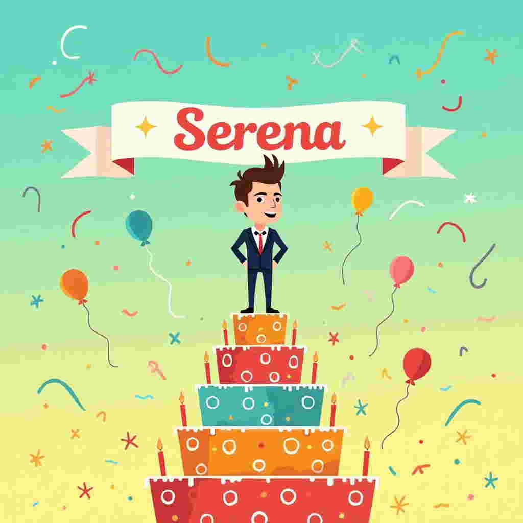 In the scene, imagine a dynamic and humorous birthday card cover featuring a stylized, vector illustration of Theo James in his role from "Divergent." Theo is depicted in a playful and exaggerated way, with flat, geometric shapes and bold, crisp lines reminiscent of Patrick Seymour's intricate line work. His facial features are simplified yet recognizable, capturing his essence with a hint of cartoonish flair.

The background is a vibrant, flat color gradient transitioning from a bright, sky blue at the top to a sunny yellow towards the bottom, reminiscent of Lisa Lopuck's use of bold, contrasting colors. This creates a lively and energetic atmosphere.

Theo stands confidently on a multi-tiered birthday cake. The cake is decorated with flat, geometric patterns in shades of orange, red, and teal, evoking Geo Law’s playful and quirky designs. Each tier features whimsical details like abstract sprinkles and minimalist candles with stylized flames flickering in a rhythmic pattern.

In the sky above, a banner stretches across, waving slightly in an imaginary breeze. The banner is a crisp white with thin black outlines, and the text "Serena" is emblazoned across it in bold, sans-serif lettering, drawing inspiration from Von Glitschka’s crisp typography. The letters are filled with a gradient that matches the background, blending seamlessly into the scene while still standing out.

Scattered around the scene are various flat shapes representing abstract party elements—balloons, streamers, and confetti—each with a simplified design and vibrant colors akin to Malika Favre's minimalist yet expressive style.

Overall, the card is a harmonious blend of clean vector shapes, playful elements, and vibrant colors, creating an eye-catching and celebratory birthday card cover.
Generated with these themes: Divergent Theo james.
Made with ❤️ by AI.