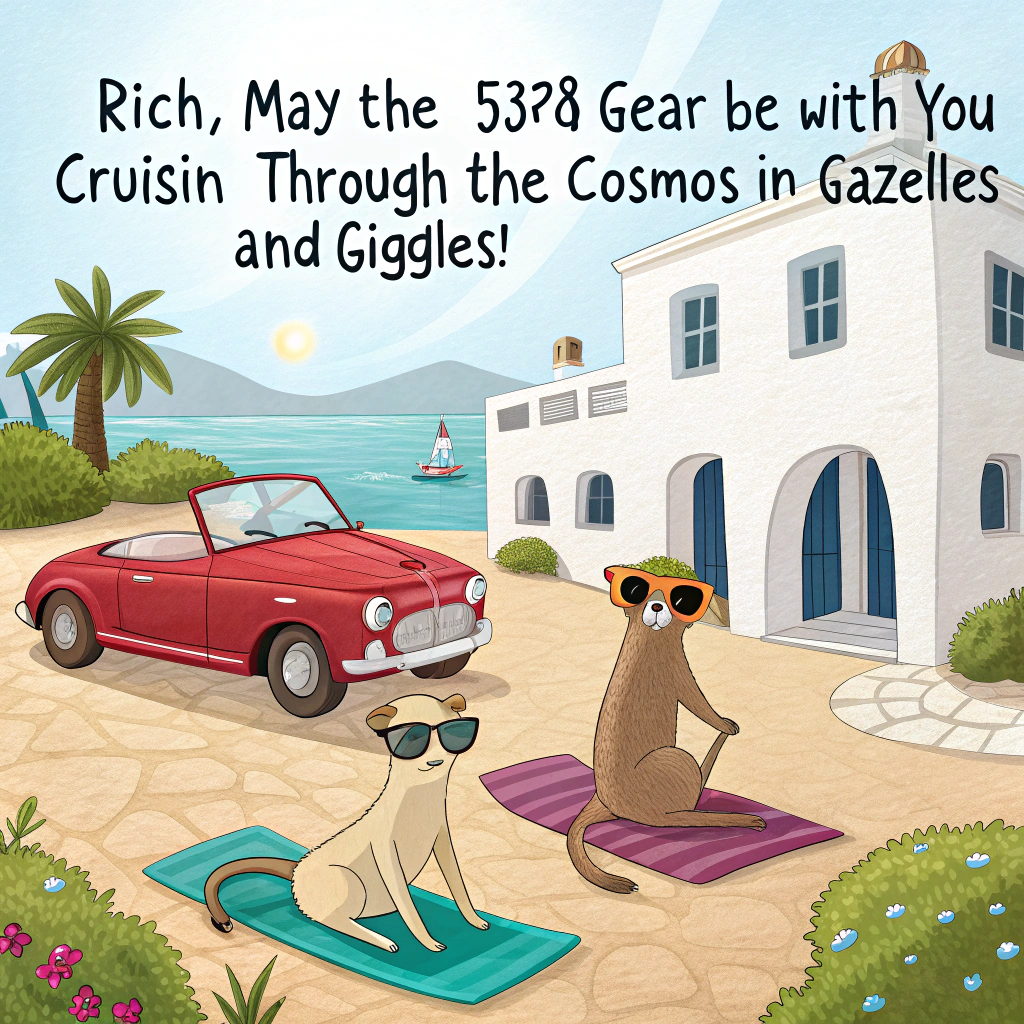 At the top of the image, "Rich, may the ‘53rd gear be with you—Cruisin’ through the cosmos in Gazelles and giggles!"

- Illustrate a whimsical cartoon scene set in a sunny Greek island village where cute, wide-eyed meerkats in spiritual meditation poses are levitating on yoga mats.  
- One meerkat wears Gazelle trainers and sunglasses, clearly the ‘cool one.’  
- Behind them, a bright red vintage Austin Cooper Mini (license plate: RICH53) is parked beside a white-washed building with blue shutters, bursting with blooming bougainvillea.  
- Stormtroopers (in aloha shirts and party hats) are having a low-key birthday dance-off in the background, trying (and failing) to match the meerkats’ chill vibe.  
- A cheeky cloud overhead swirls into a shape of a peace symbol, and one particularly enlightened meerkat is offering Rich a glittering cupcake levitating in a beam of celestial light.
Generated with these themes: Cars, Stormtroopers, Meerkats, 53, Spiritual, Greece, Gazelle trainers, and Austin cooper mini.
Made with ❤️ by AI.