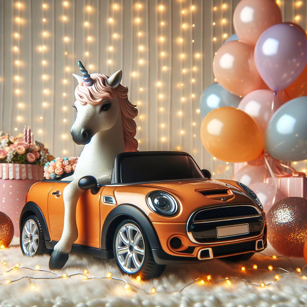 Create a whimsically realistic scene of a natural-colored unicorn sitting at the wheel of a slick, glossy orange car. The car is parked in a location adorned with twinkling fairy lights and gentle, birthday-themed ornaments. The unicorn has a serene countenance, contrasting with the lively shades of the party balloons attached to the car's rear. This setup should portray the atmosphere of a magical birthday celebration.
Generated with these themes: Unicorn driving an orange car.
Made with ❤️ by AI.
