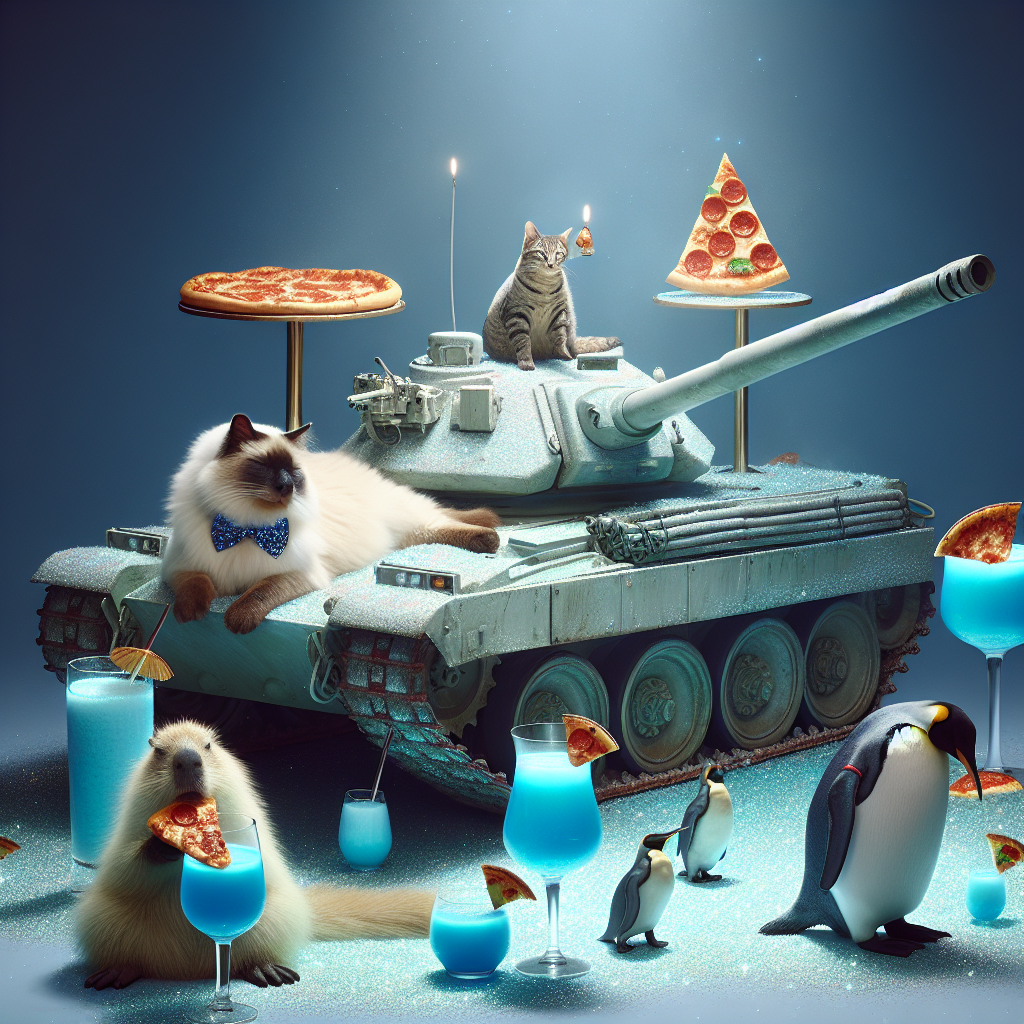 Imagine a dreamy, Surreal Realistic birthday setup. A cat, decorated with a petite bow tie, reclines leisurely on an oversized military tank that has been oddly repurposed to serve Margherita pizza on its flat hull. The tank appears more as an eccentric novelty than a war machine. In the vicinity, two unconventional party guests, a capybara and a penguin, are highlighted. They both grasps flutes of electric blue smoothies in their paws and flippers respectively, socializing amidst the palpable excitement. The atmosphere is woven together with the soft lighting that reflects from the ethereal blue smoothies, spreading an unearthly glow that underscores the peculiar assembly of elements.
Generated with these themes: Cat, Penguin, Blue smoothie, Capybara, Tank, and Margerita pizza.
Made with ❤️ by AI.