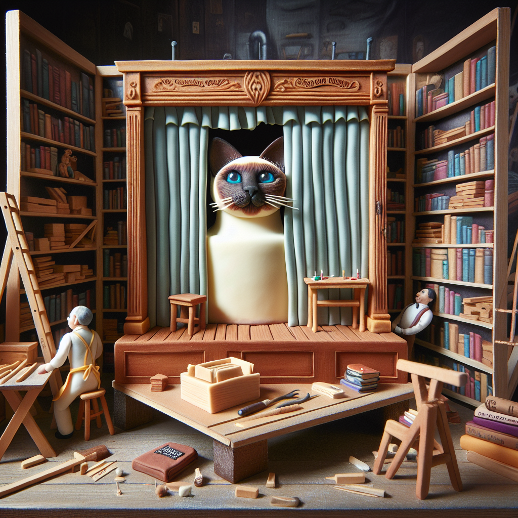 Create an image depicting a small wooden stage set amidst towering bookshelves packed with books about carpentry. On this stage, there's a well-crafted fondant cake shaped like a theatrical Siamese cat, looking as if it's ready to jump into an intricate dance. The background has been painted beautifully to depict a scene of individuals working on different woodworking projects. Hiding behind a curtain, there's a marzipan figure of a Burmese cat, its eyes filled with mischief and reflecting birthday excitement.
Generated with these themes: Siamese cat , Theatre, Woodworking , and Burmese cat.
Made with ❤️ by AI.
