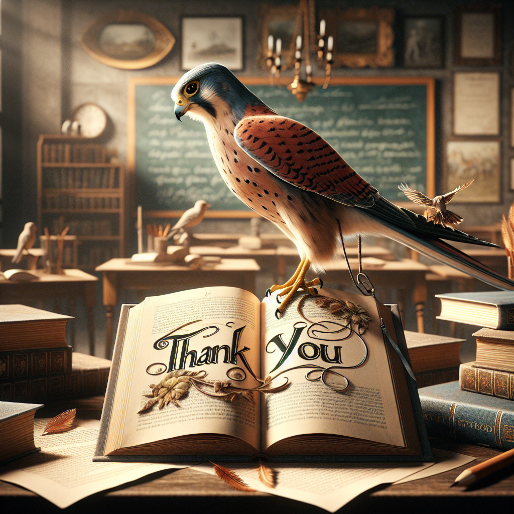 Depict a relaxing classroom environment filled with warmth. In the heart of this setting, a realistically depicted kestrel gracefully descends to perch on an open hardback book. The book's page prominently features the phrase 'Thank You', elegantly handwritten in a flowing calligraphic style, signifying the gratitude extended towards a tutor's stewardship. Other educational books surround the main scene, creating a symbolic representation of the knowledge and patience demonstrated by our teachers. The bird, gently resting upon the book, becomes a befitting homage to scholarly wisdom.
Generated with these themes: Kestrel, Teacher, Thankyou, and Books.
Made with ❤️ by AI.