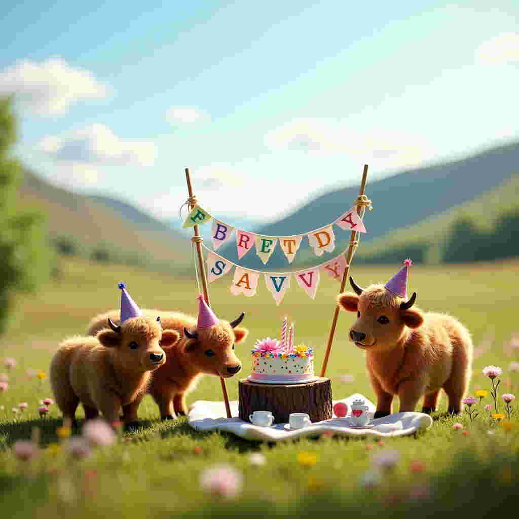 In the foreground of this charming birthday scene, a trio of miniature Highland cows stand adorably amidst a vibrant meadow, their shaggy coats gleaming under the soft sunlight. These tiny bovines, no taller than a child's knee, wear festive party hats perched jauntily between their tufted ears. To the left, one cow playfully nudges a small, intricately decorated birthday cake that sits atop a wooden stump, its icing a swirl of pastel colors with tiny edible flowers dotting the surface. Beside the cake, a banner made from colorful bunting strings between two miniature windmill posts spells out "Happy Birthday Savvy" in cheerful, bold letters. In the background, a serene Scottish landscape unfolds, with gentle hills rolling into the horizon. A few cotton-candy clouds drift lazily across a clear blue sky, and in a whimsical touch, the clouds subtly shape the word "Savvy" as if nature itself is joining in the celebration. Sprinkled throughout the meadow are delicate wildflowers, and a tiny picnic blanket spread out with miniature teacups and party favors adds to the festivity, completing this enchanting birthday tableau.
Generated with these themes: Miniature highland cows.
Made with ❤️ by AI.