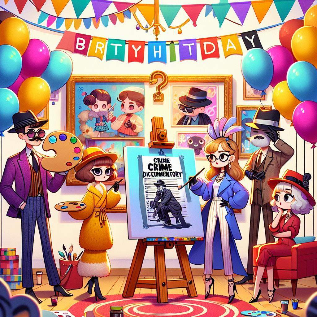 A whimsical, cute cartoon birthday setting bursting with creativity and intrigue. The scene is awash with vibrant colors with animated figures of varied descents engaging in a painting party. An easel supports a half-finished crime documentary poster, adding an element of mystery to the art-themed ambiance. Fashionable cartoon figures of different genders, clad in chic attire, engage in animated conversation as they gather around the artwork. The atmosphere is festive, with balloons and streamers of all shades and colors framing this unique, artistic party.
Generated with these themes: Art, Painting , Crime documentaries , and Fashion .
Made with ❤️ by AI.