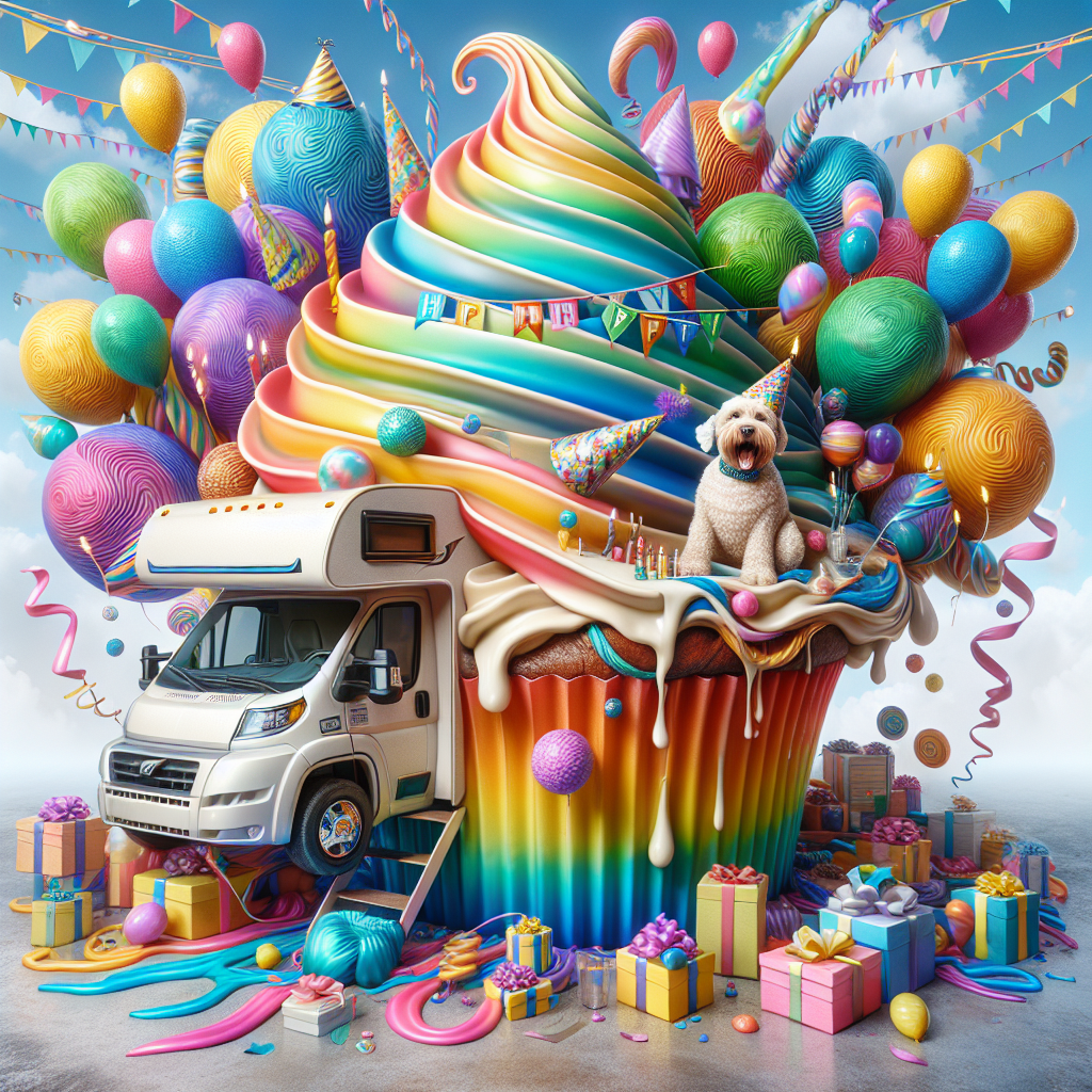 Imagine a vivid and surreal birthday celebration, dominated by a disproportionately large, whimsically decorated motorhome resting on top of a massive cupcake adorned with rainbow-colored cream frosting. Gravity-defying streamers and balloons of bizarre shapes and sizes hover all around. A joyous dog dressed in a party hat and a bow tie is at the helm of the motorhome, giving the impression of having just returned from an extraordinary expedition. Gifts, wrapped in gleaming, morphing paper, spill out from the motorhome's entrance. This strange yet endearing scene holds a sense of whimsy and wonder, encapsulating the thrill and happiness associated with birthdays.
Generated with these themes: Motorhome, Dog, and Travels.
Made with ❤️ by AI.