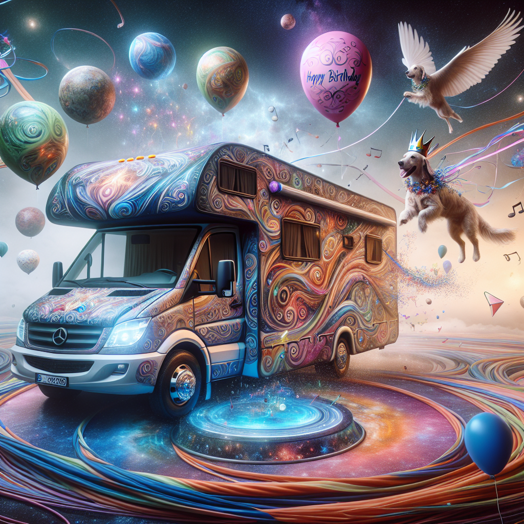 Imagine a fantasy landscape with a motorhome at the center - it's covered in intricate swirling designs and radiant lights, suspended mid-air with no clear support. This motorhome, appearing in motion, is caught in a swirl of colourful confetti and balloons that mimic the shapes of celestial bodies. A winged canine frolics around the vehicle, donning a majestic crown and a sash bearing the words ‘Happy Birthday’. It seems as if this surreal, dreamlike universe celebrates a perpetual birthday where the norms of time and space are gleefully dismissed.
Generated with these themes: Motorhome, Dog, and Travels.
Made with ❤️ by AI.