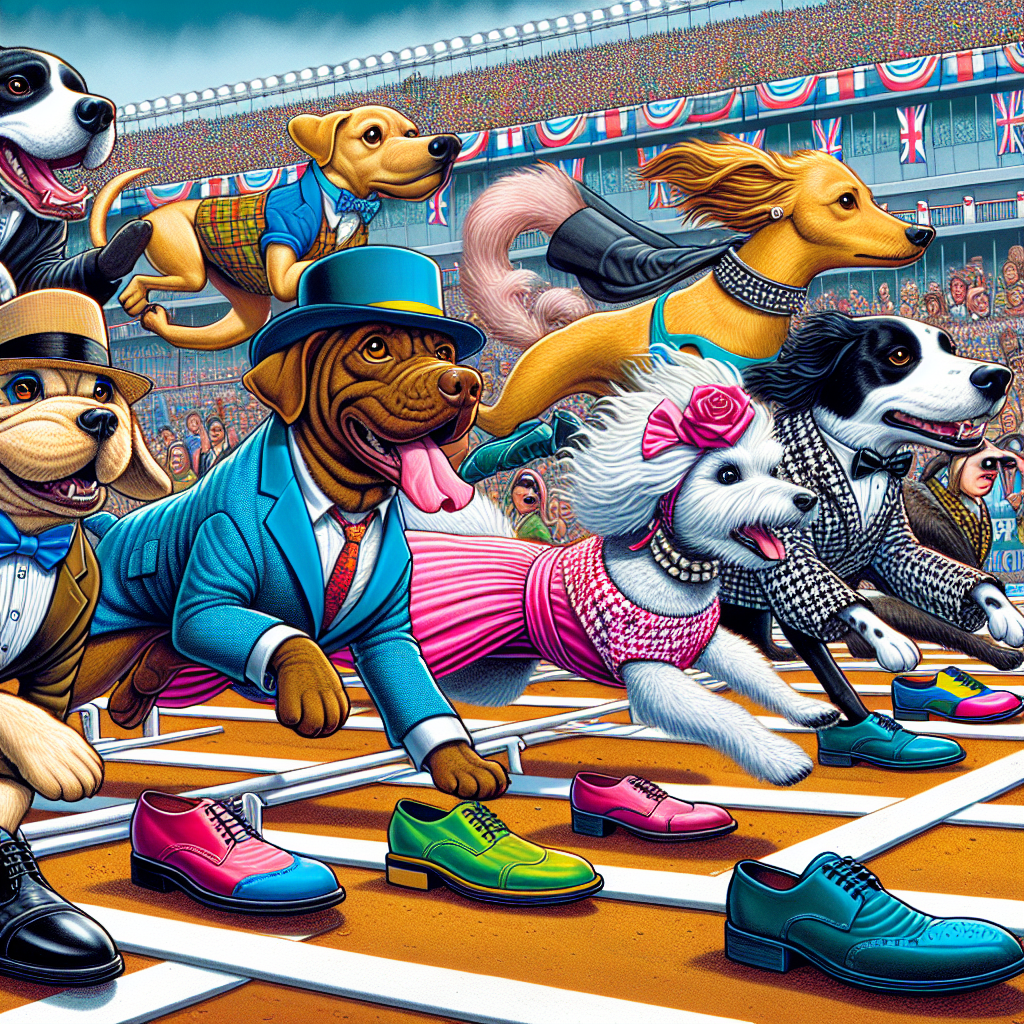 Create an illustration bursting with color and life, showing a comical scene where dogs of different breeds, each wearing stylish outfits, are racing competitively. Imagine a South Asian Labrador in a dapper suit, a Middle-Eastern Poodle in a couture gown, a Hispanic Dalmatian in hip streetwear, a Black Retriever in a spiffy hat and tie, and a White Terrier in a classic houndstooth ensemble. They're all heading eagerly for a grand feast ahead. The track is full of fun, with giant shoes acting as hurdles that the dogs have to jump over, their tongues hanging out and tails wagging in the thrill of competition.
Generated with these themes: Dogs, Food, Running, Fashion, and Shoes.
Made with ❤️ by AI.